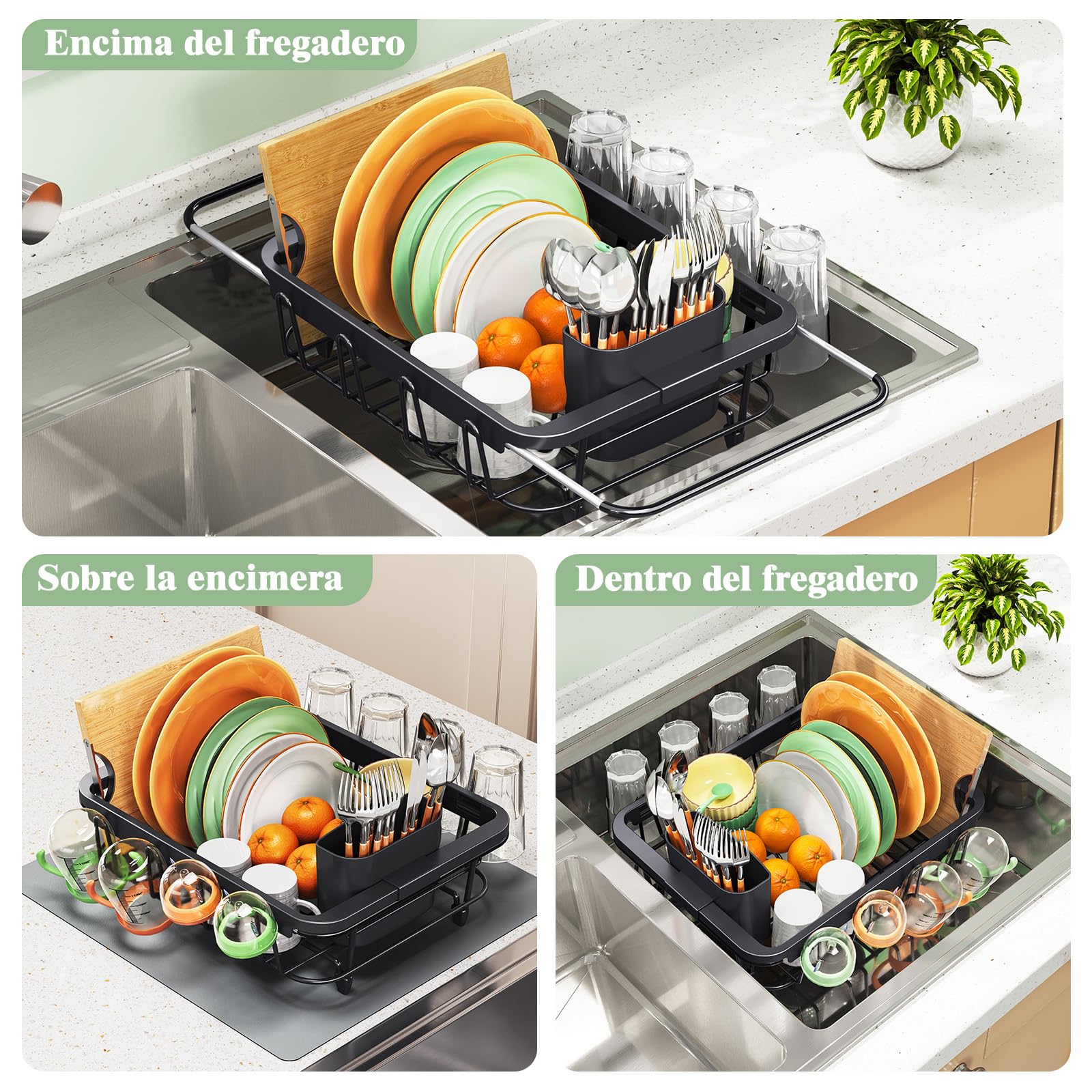 kingrack Égouttoir à Vaisselle Extensible, avec Porte-Couverts Amovible, Se Place sur L'évier ou Le Comptoir, Noir