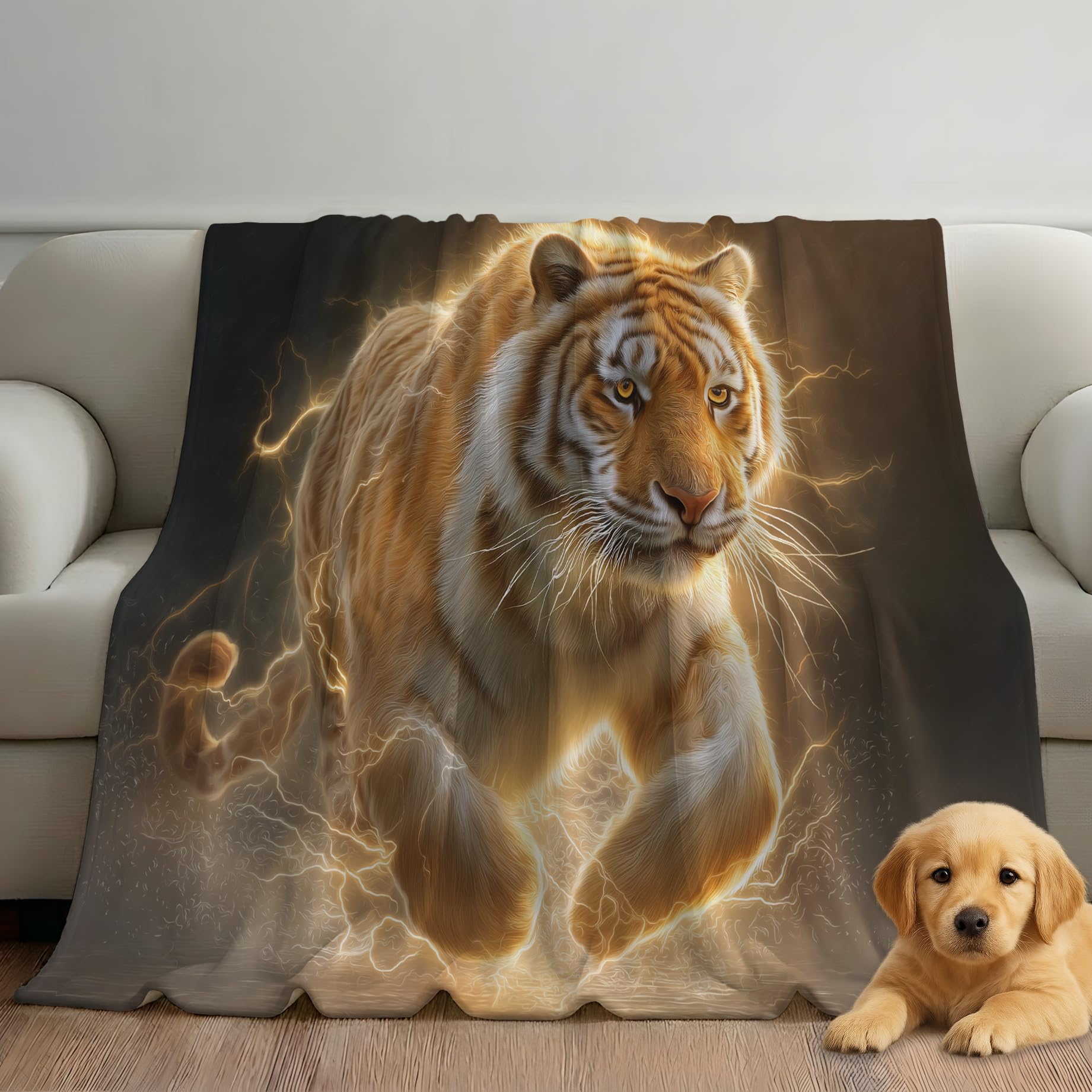 Generico Coperta Pile di Alta Qualità Matrimoniale 220 x 270 cm, Caldo Super Morbida Coperte a Tema Animale, Oro Tigre Luce Elettrica Selvaggio Copriletto per Adolescenti Ragazzi Ragazze e Adulti