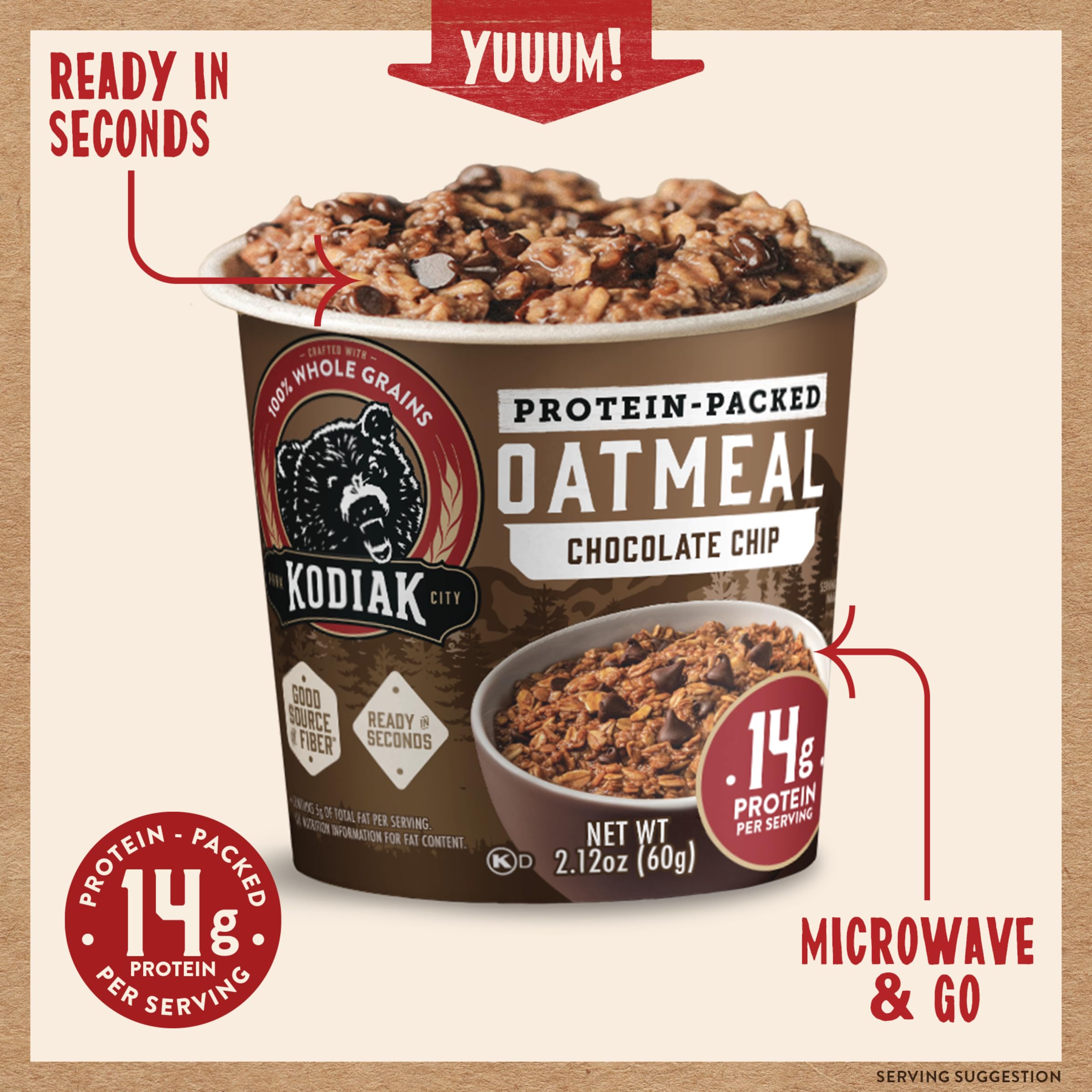 Kodiak Cakes Farina d'avena proteica con gocce di cioccolato in una tazza, pentola per porridge istantaneo, colazione sana, 100% avena integrale, 14 g di proteine per tazza, 60 g (confezione da 12)