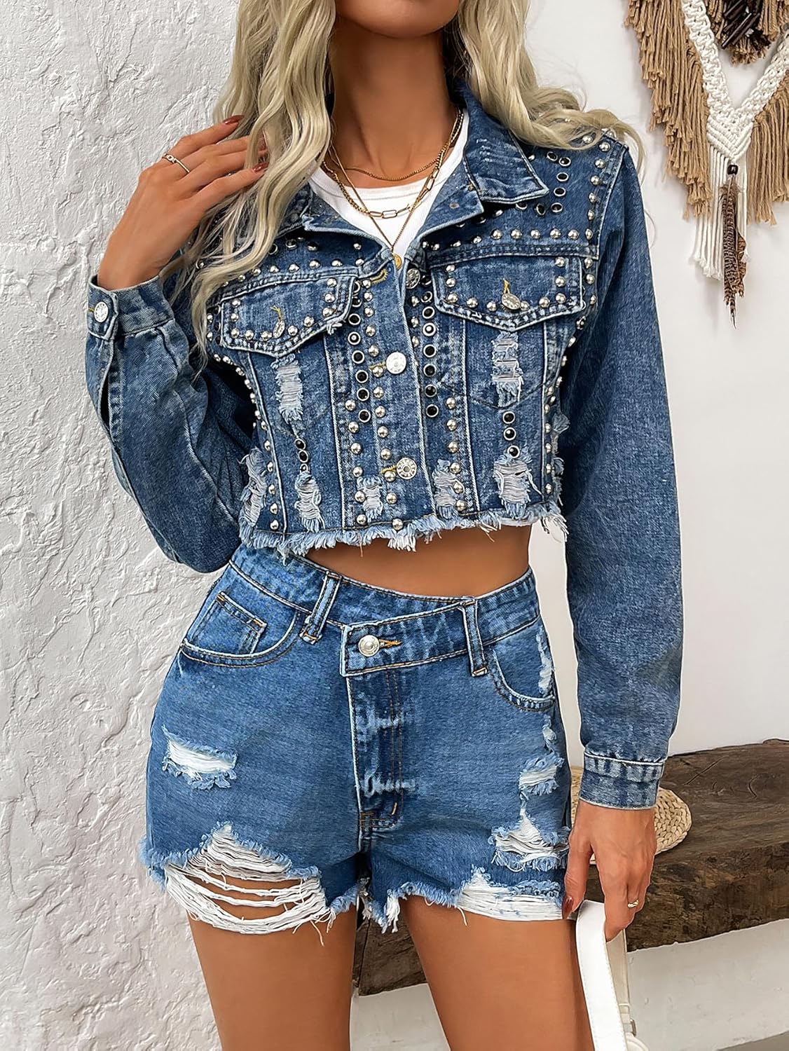Women's Rivet Studded Denim Jacket Cropped Washed Pearl Short Jean Coat - Image 4