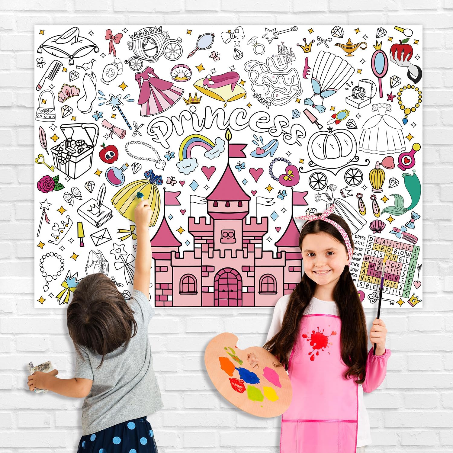 Princess Castle Party Giant Coloring Poster Tablecloth- Home Classroom Wall Decor & Birthday Activity Games Gift - Dress Large Coloring Table Cloth for Kids Art Crafts Paper Coloring Sheets