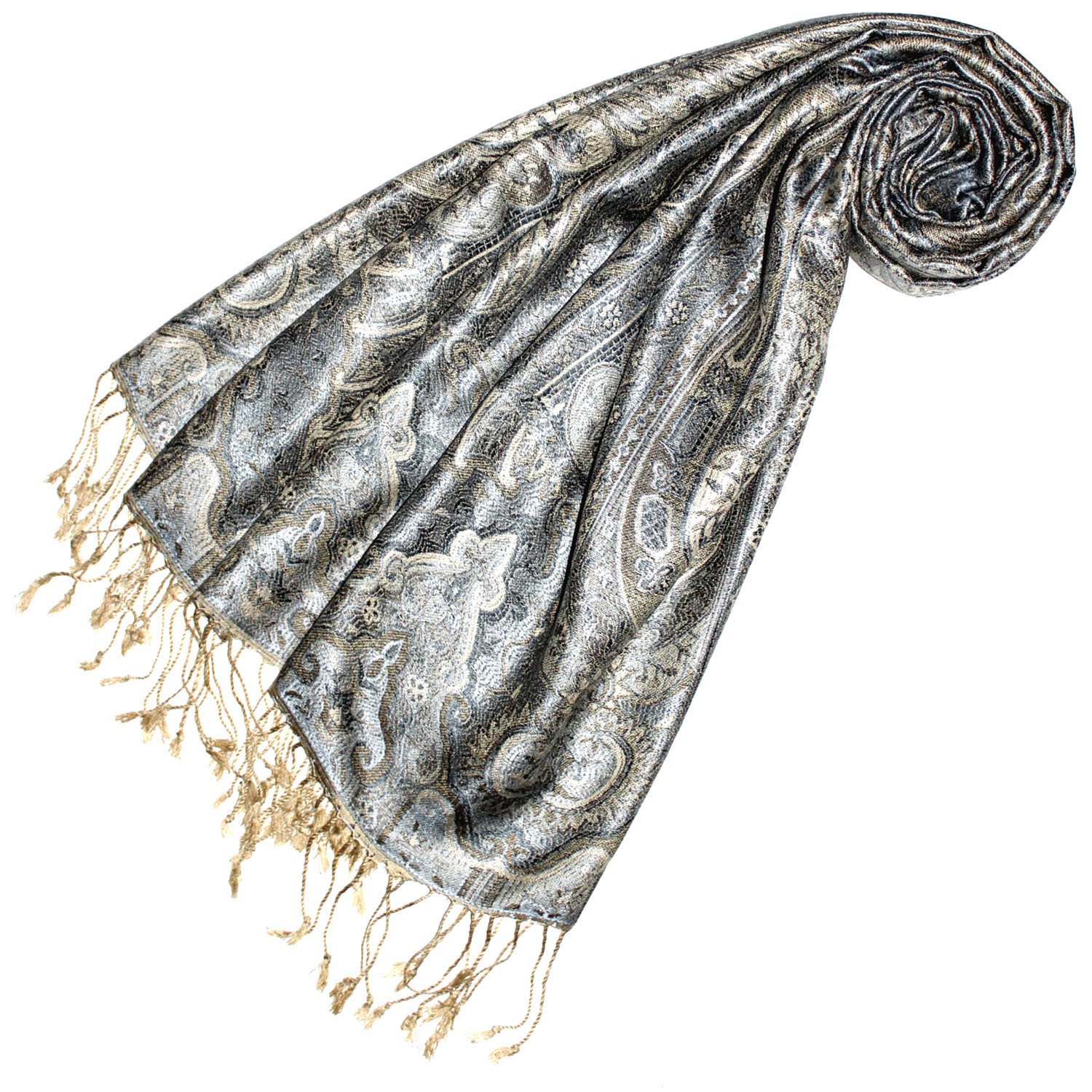 Lorenzo Cana Bufanda Pashmina para mujer tejido jacquard 100% seda 70 x 190 cm cachemira bufanda de seda, Azul, crema y oro.