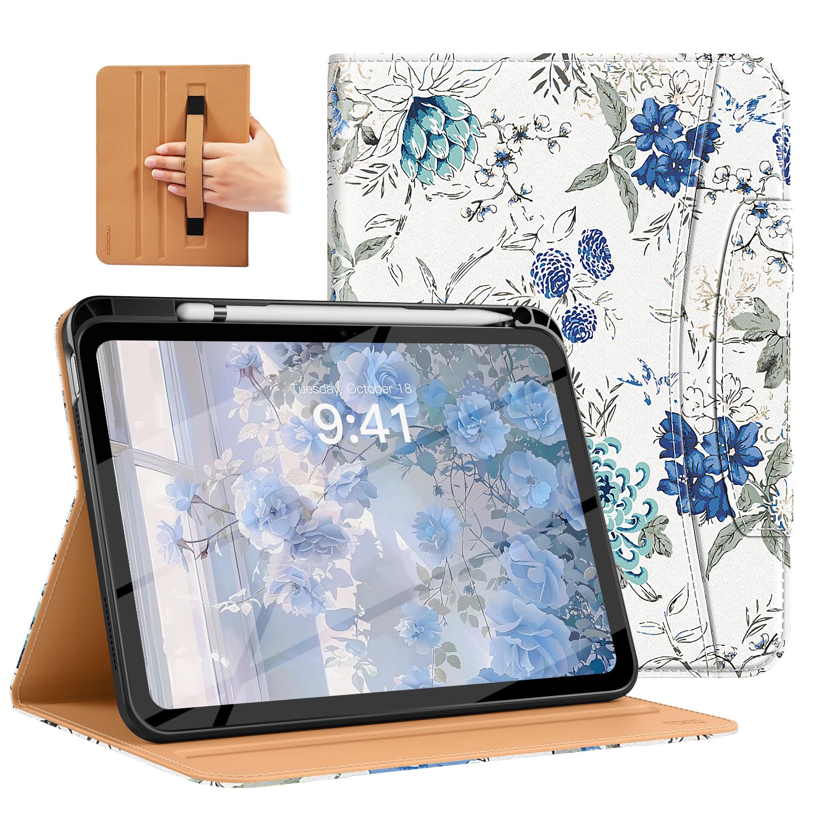 MoKo for iPad A16 Case 11-inch, iPad 11th/10th Generation Case (2025/2022) with Pencil Holder & Pocket, Premium Leather Folio Stand Cover, Multiple Viewing Angles, White Blue Floral