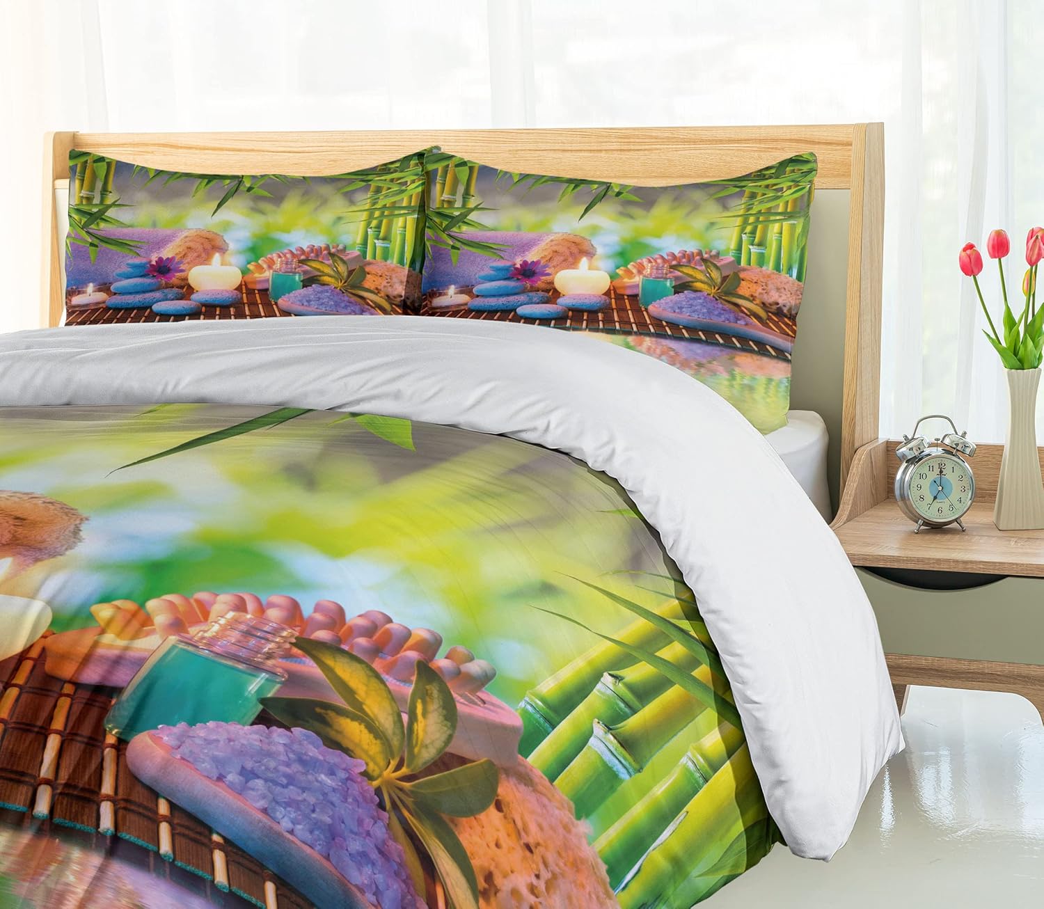 Ambesonne Spa Themed Duvet Cover Set, Stones Candles and Eastern Folk Relaxation Themed Botanical Trees Scene Print, Decorative 3 Piece Bedding Set with 2 Pillow Shams, Queen Size, Multicolor