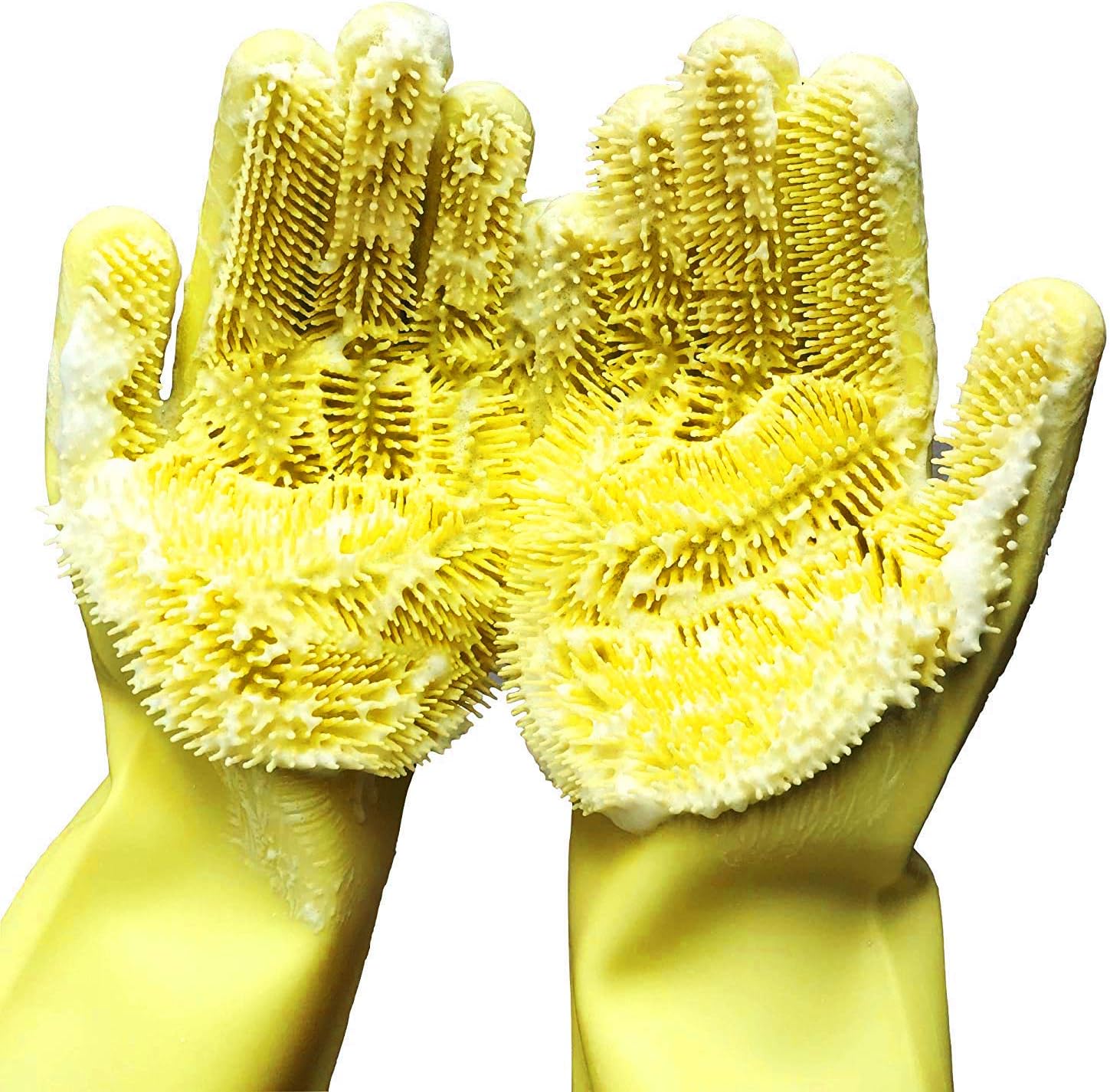 Reusable Silicone Dishwashing Gloves, Rubber Scrubbing Gloves for Dishes,Wash Cleaning Brush with Sponge Scrubbers for Housework, Kitchen, Car, Window cleaning. 2019 New Ergonomic Design (13.6" Large)