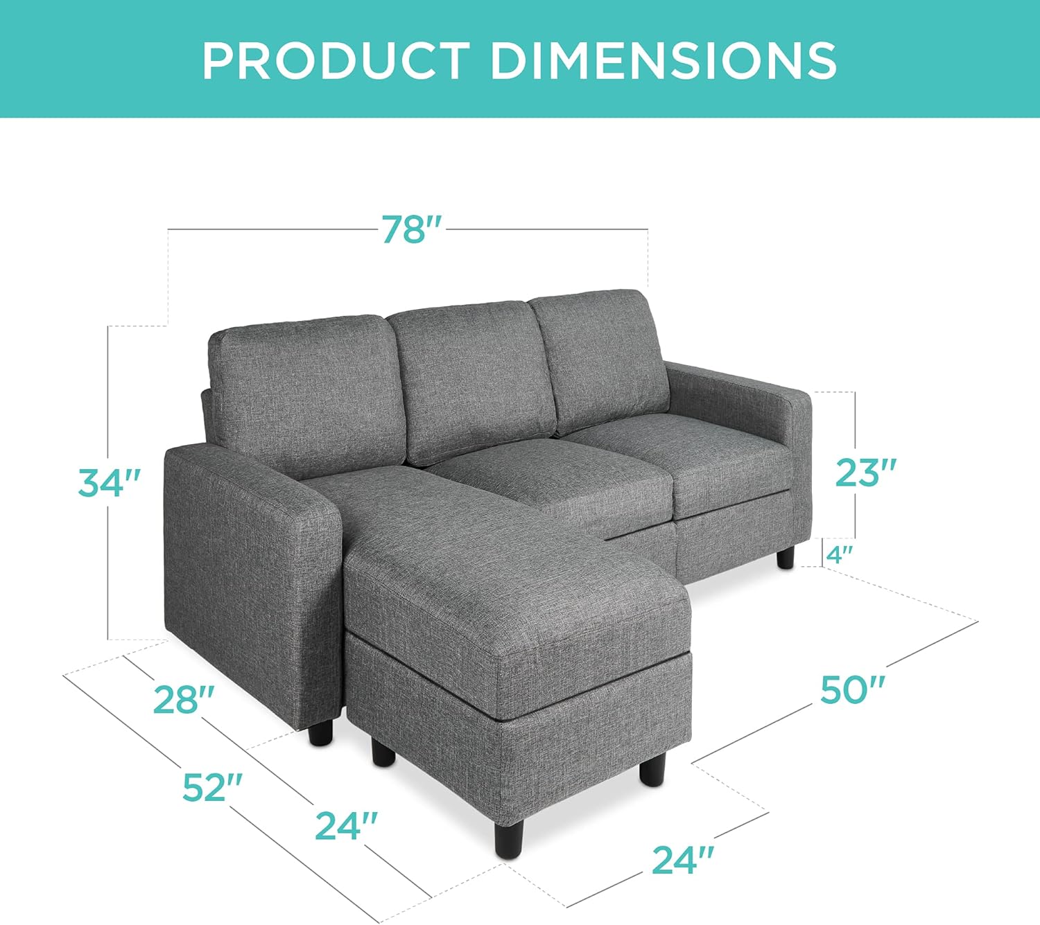 Best Choice Products Linen Sectional Sofa for Home, Apartment, Dorm, Bonus Room, Compact Spaces w/Chaise Lounge, 3-Seat, L-Shape Design, Reversible Ottoman Bench, 680lb Capacity - Gray : Home & Kitchen