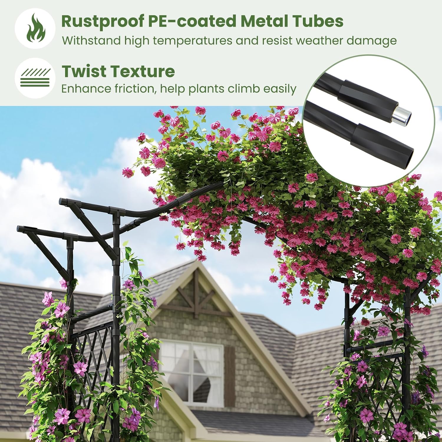 TANGZON Garden Arch, Heavy Duty Metal Frame Pergola Arbor Trellis, Outdoor Plants Roses Vines Climbing Plants Support Archway for Wedding Party Lawn Walkway (Black, 170 x 39 x 210 cm)