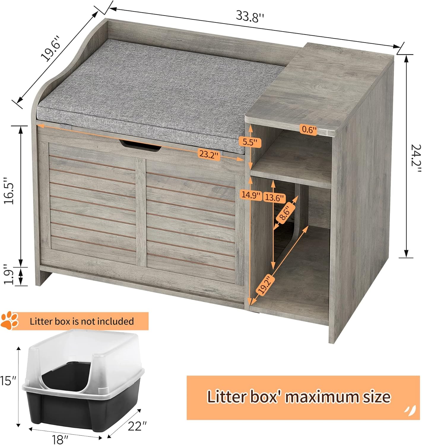 TROPOW Cat Litter Box Enclosure with Top Opening and Cushion, Hidden Litter Box Cabinet Furniture with Storage,23" L x 19" W x 16" H,Grey