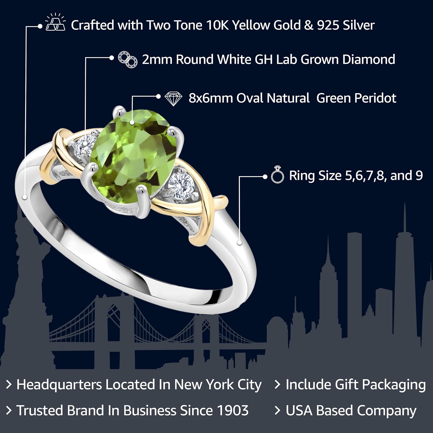 Gem Stone King 3-Stone Engagement Ring for Women | 10K Yellow Gold and 925 Silver | Gemstone Birthstone and Lab Grown Diamond Crossover Wedding Anniversary Ring