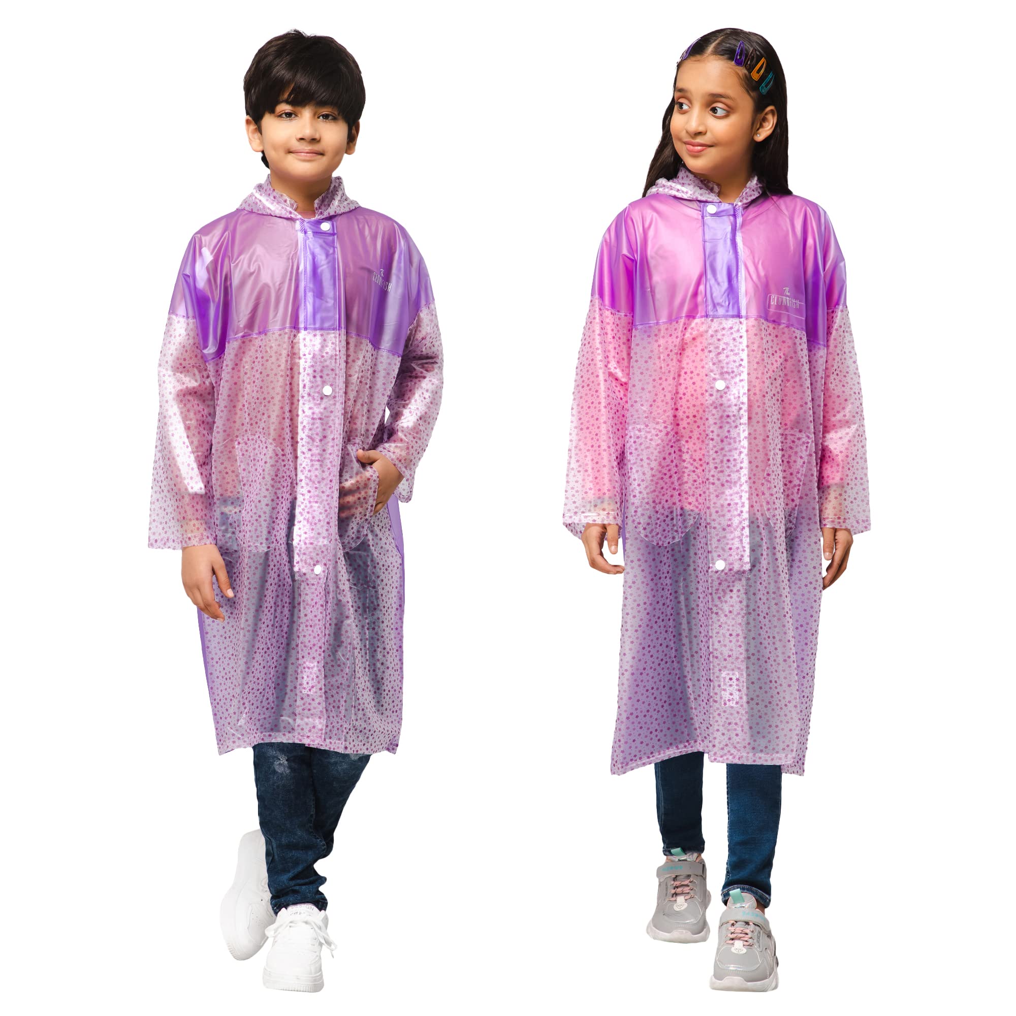 THE CLOWNFISHPolyester Drench Dew Series Unisex Kids Waterproof Single Layer Pvc Standard Length Longcoat/Raincoat With Adjustable Hood.