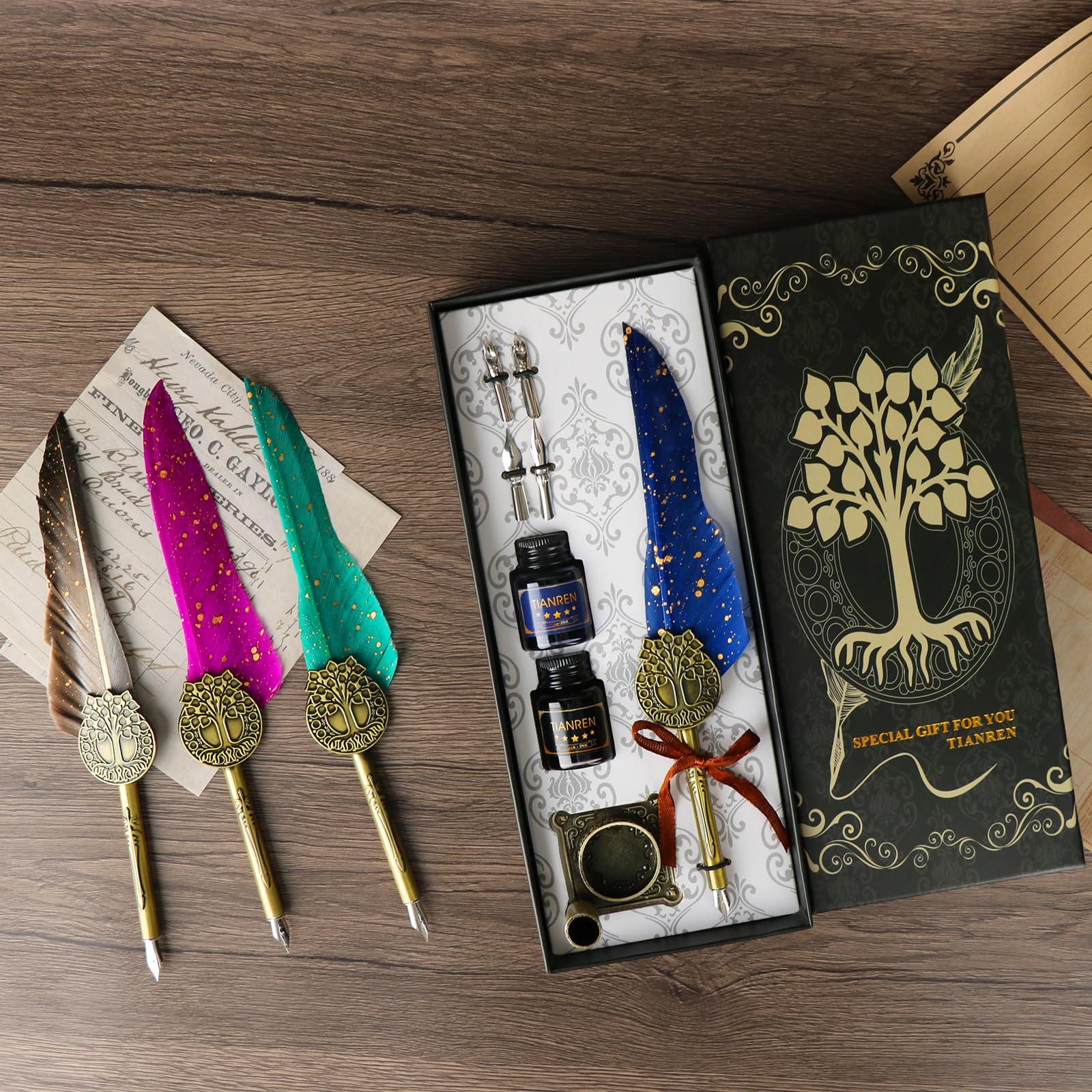 TIANREN Federstift und Tinte, Federstift-Set, antiker Kalligraphie-Stift mit 4 austauschbaren Spitzen, 2 Flaschen Tinte, Stifthalter, Weihnachtsgeschenk für Männer und Frauen. (Blau)