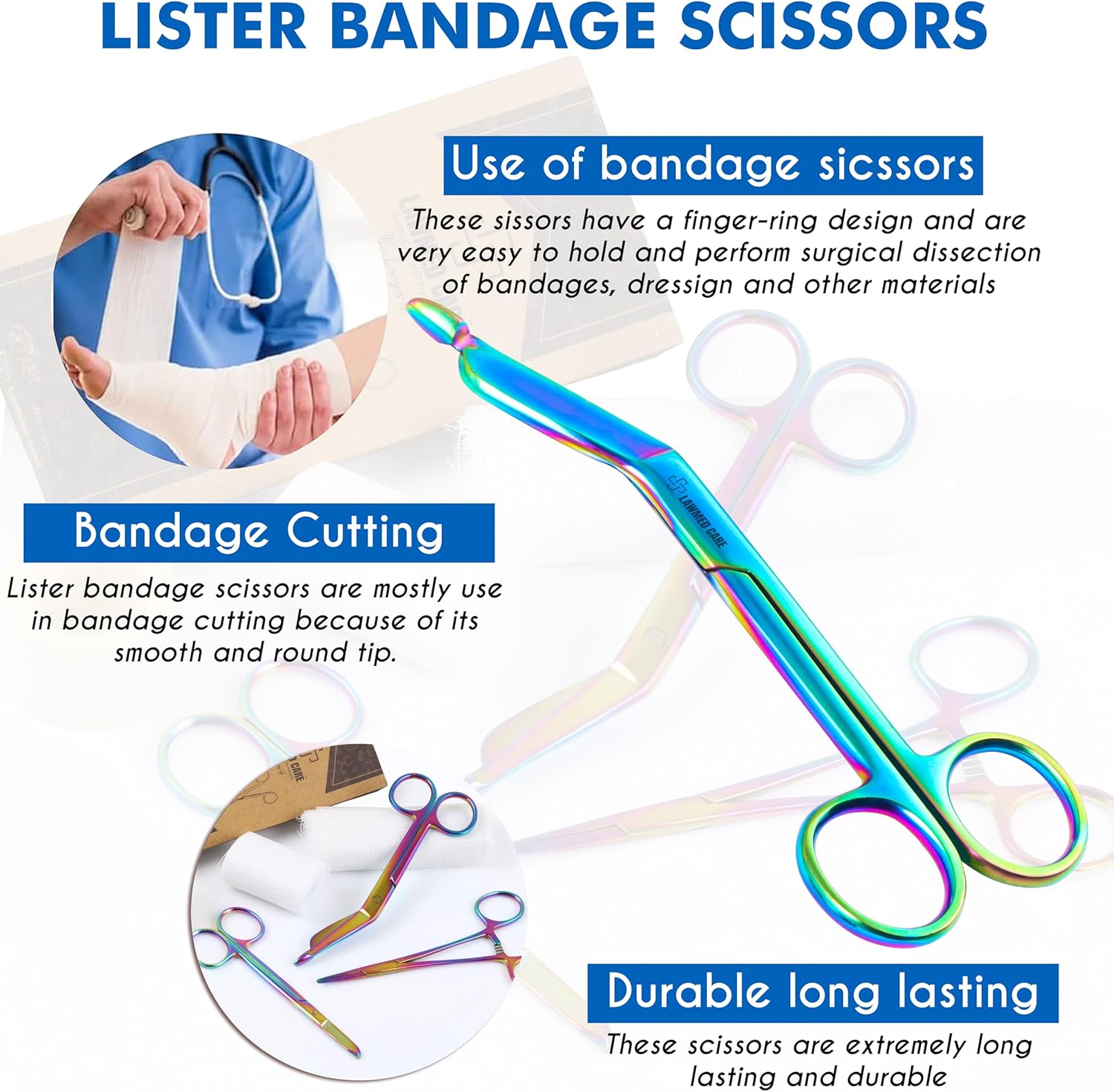 Suture Stitch Scissors with Sharp Blades - Profesional Medical Scissor for Precise Procedures - Handheld Scissors Rainbow Color (Pack 3 Multi)