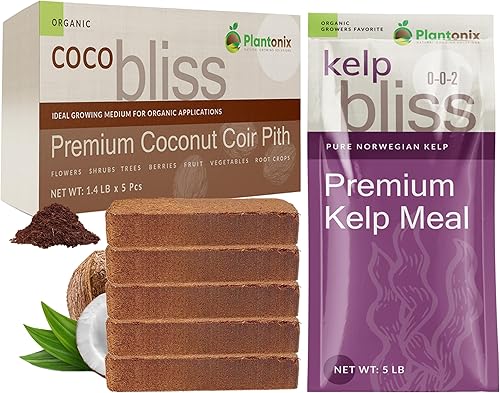 Coco Bliss - Ladrillos de 22.93 oz (paquete de 5) + Kelp Bliss (5 libras) - Fertilizante de harina de algas y fibra de coco para plantas -