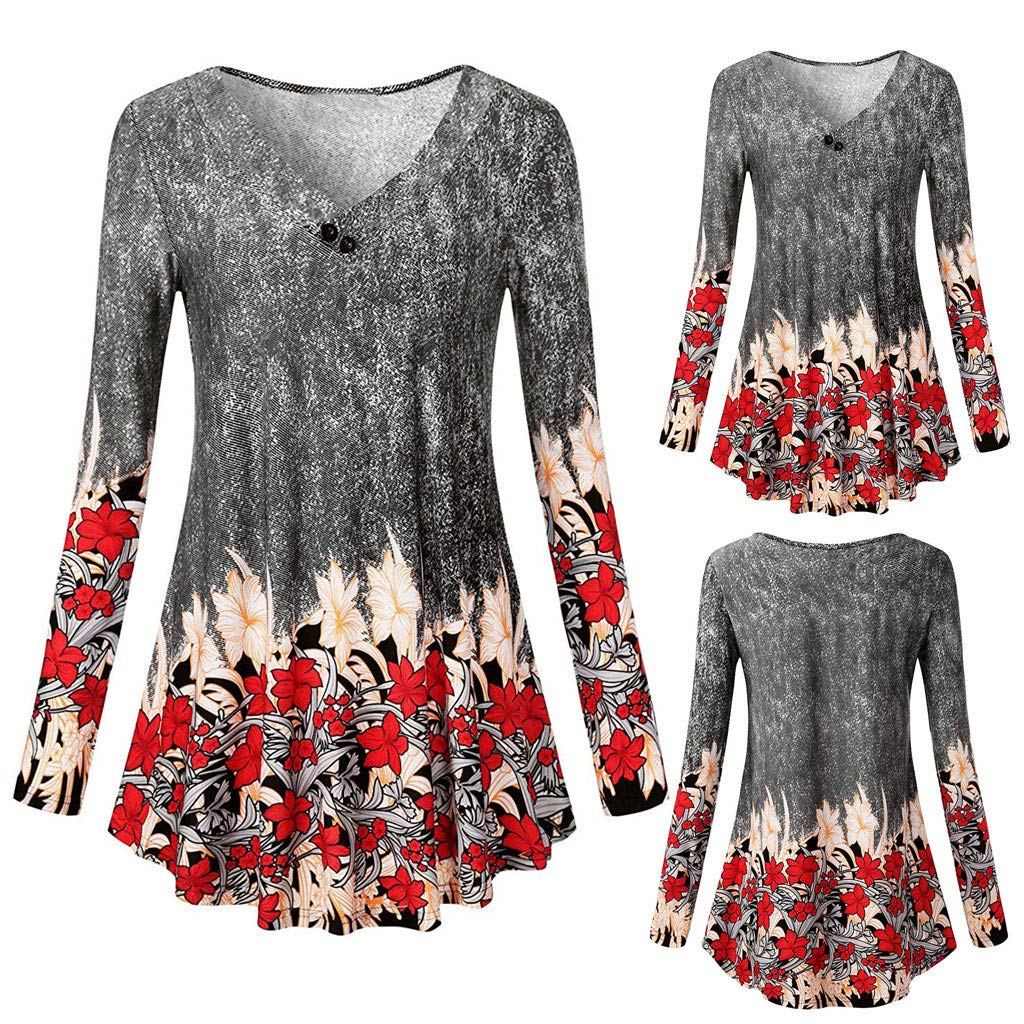Lingyan Camicie e Abiti Donna Scollo V Maglie A Maniche Lunghe T-Shirt Motivo Floreale Intimo Slim Fit Primavera Eleganti - M