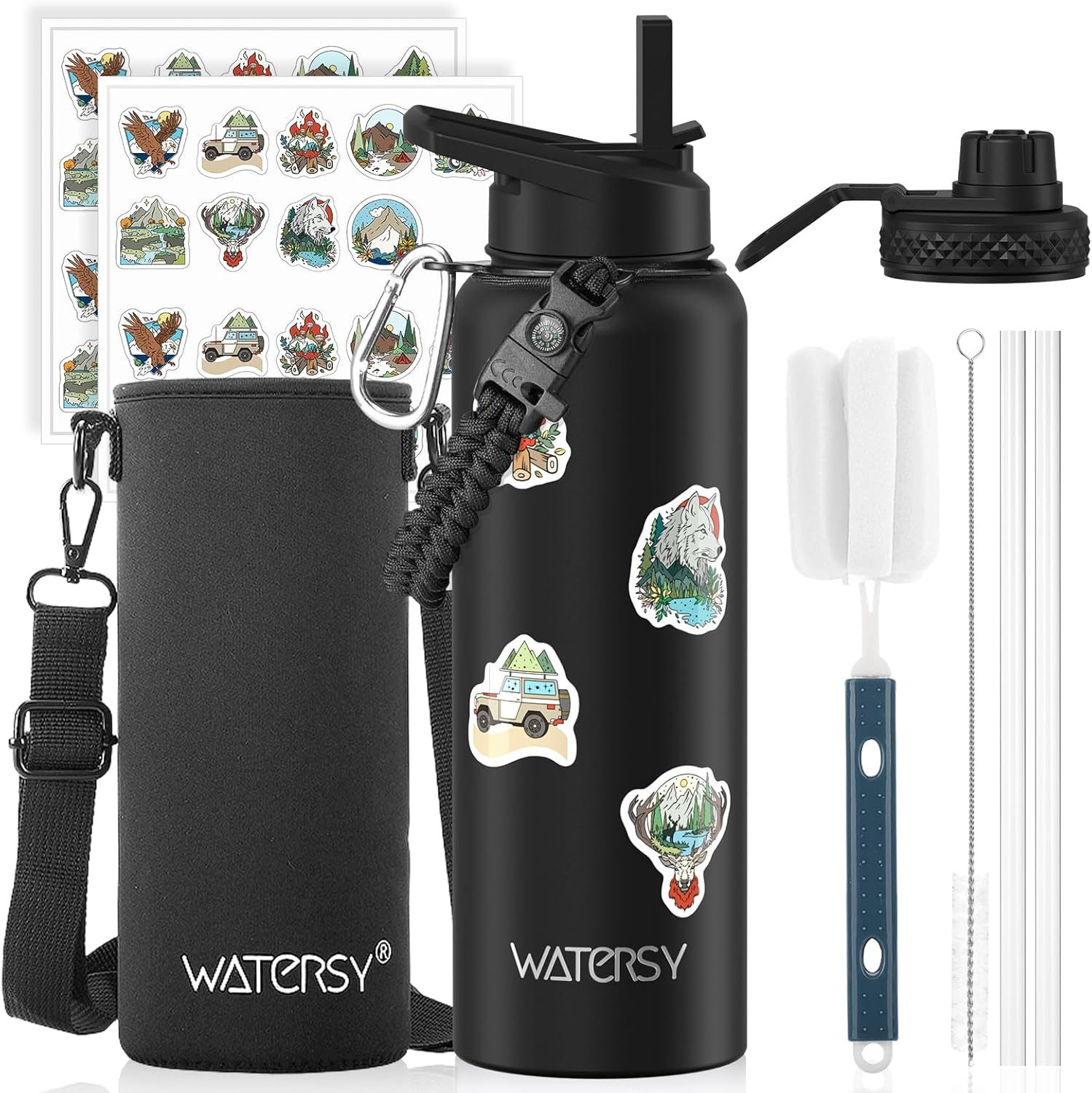 40oz Insulated Water Bottle (Cold for 48 Hrs),BPA Free&Leak Proof,Stainless Steel Water Flask,Water Jug with Straw Spout Lids for Gym,Hiking,Travel,Black