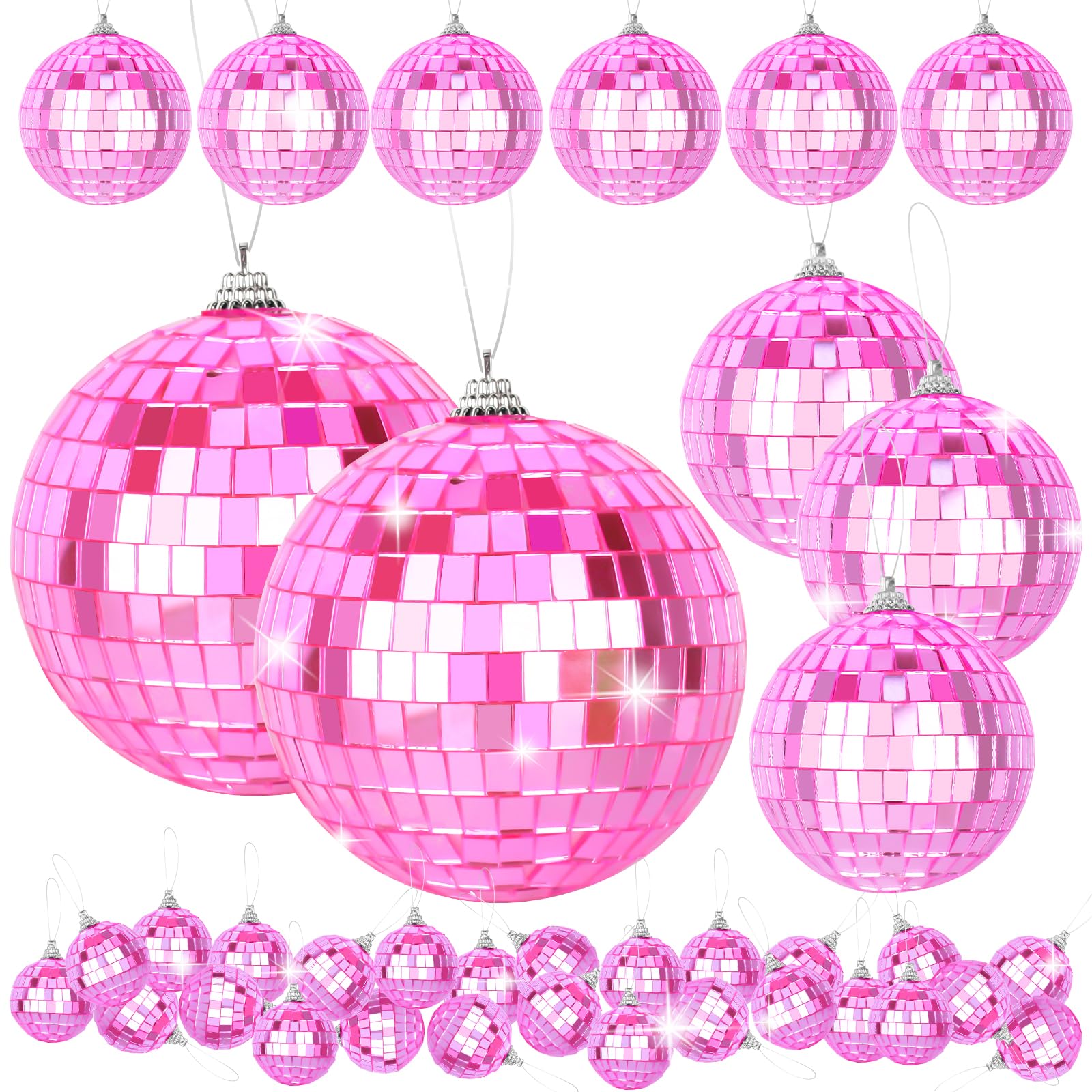 41 Pcs Small Pink Mirror Ball, Hanging Disco Ball Ornaments for Disco Theme Party Cake Topper, Christmas Tree, Wedding Party Backdrop, Birthday Decor Supplies(4/3/2/1.2 Inch)
