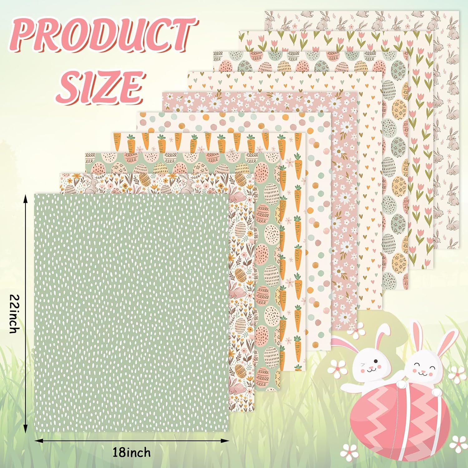 Whaline 10 Pcs Easter Cotton Fabric Bundles Bunny Rabbit Egg Carrot Flower Fat Quarters Pastel Spring Quilting Patchwork for DIY Handmade Craft Party Decor, 18 x 22 Inch