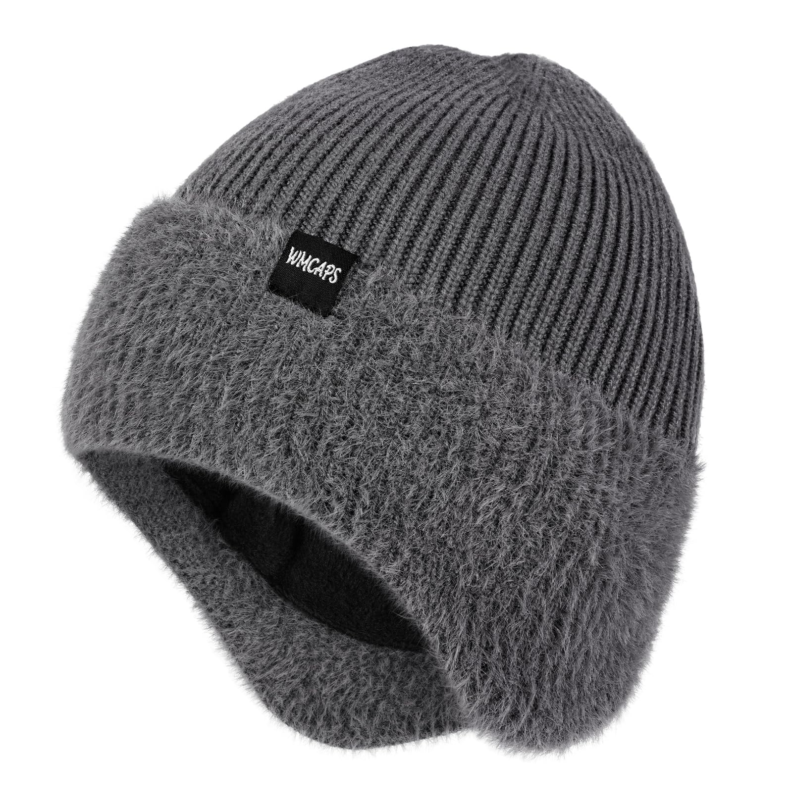 wmcaps winter fleece line beanie with earflap for men women, outdoor warm thermal knitted hat stocking caps
