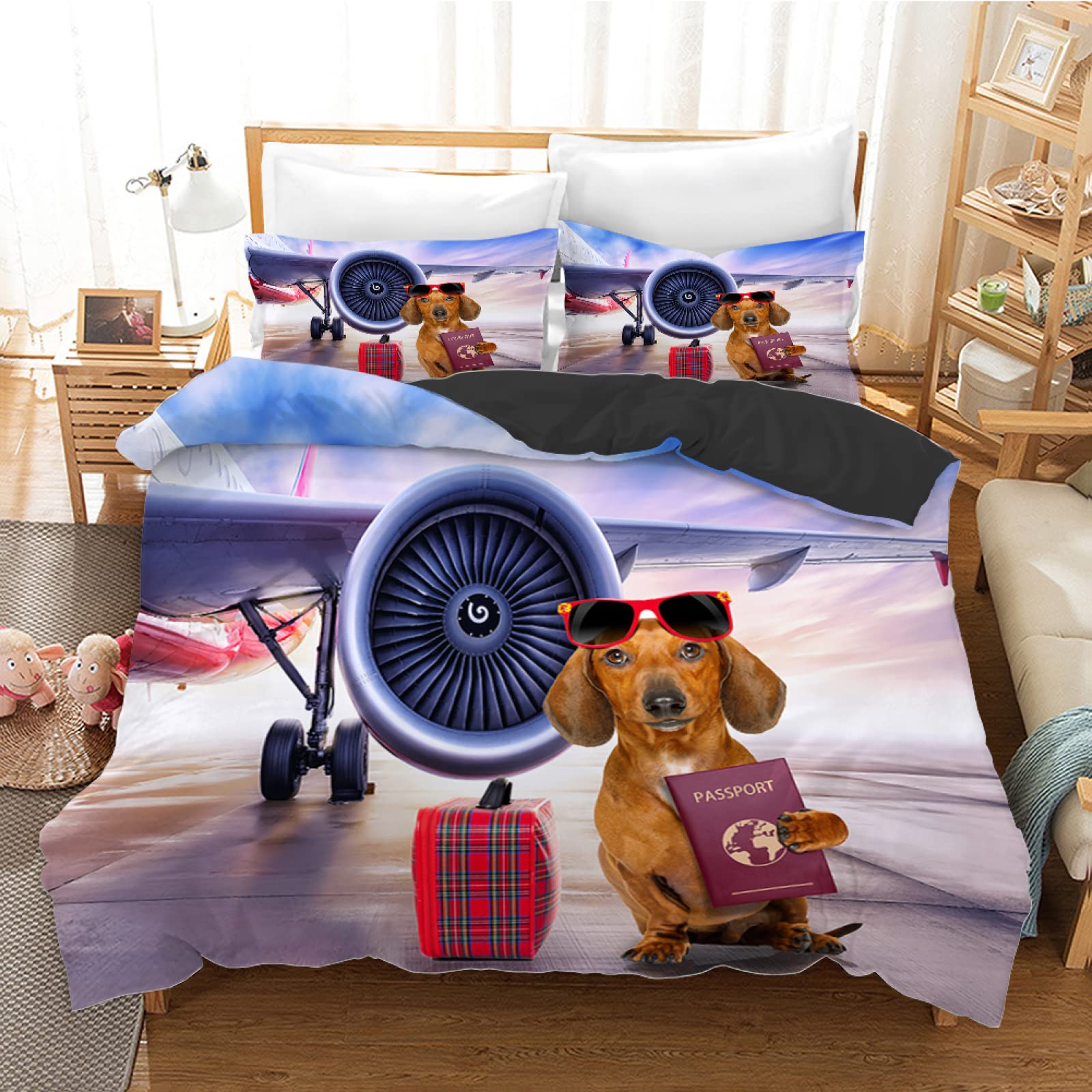Parure de lit 220x240 chien volant violet en microfibre 110g avec 2 taies d'oreiller
