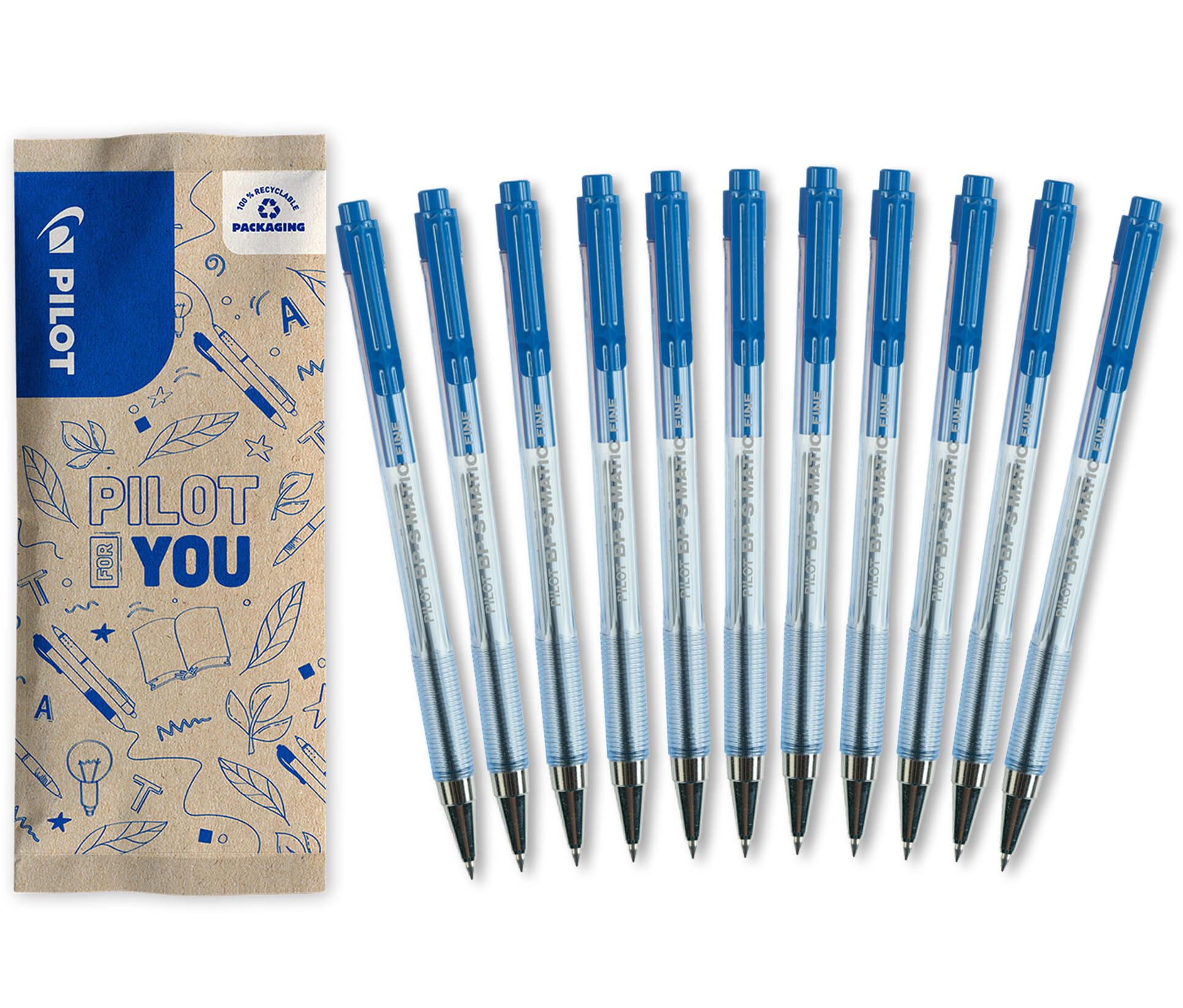 PILOT - Set of 10 +1 Free BPS Matic - Ballpoint Pen - Ultra-Smooth and Comfortable Writing - Refillable and Retractable - Blue - Fine Tip