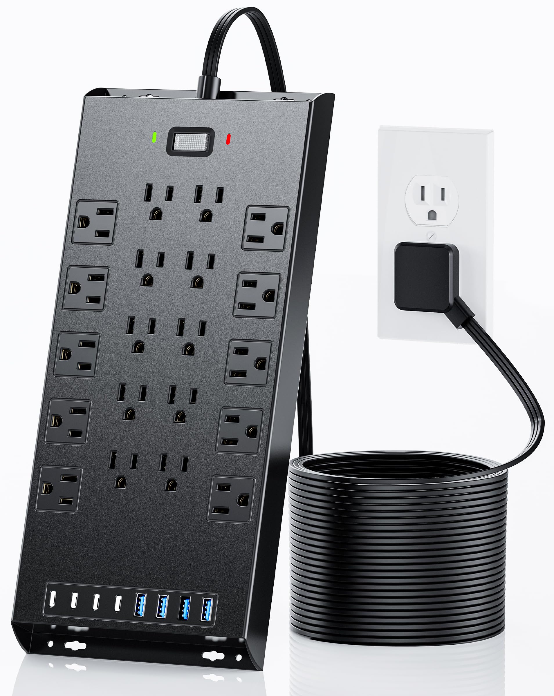 Surge Protector Power Strip 4800J, LeZone 10Ft Long Extension Cord Flat Plug, 20 Outlets 4 USB-A 4 USB-C Ports, Wall Mountable, Home Office Dorm Essentials, Black