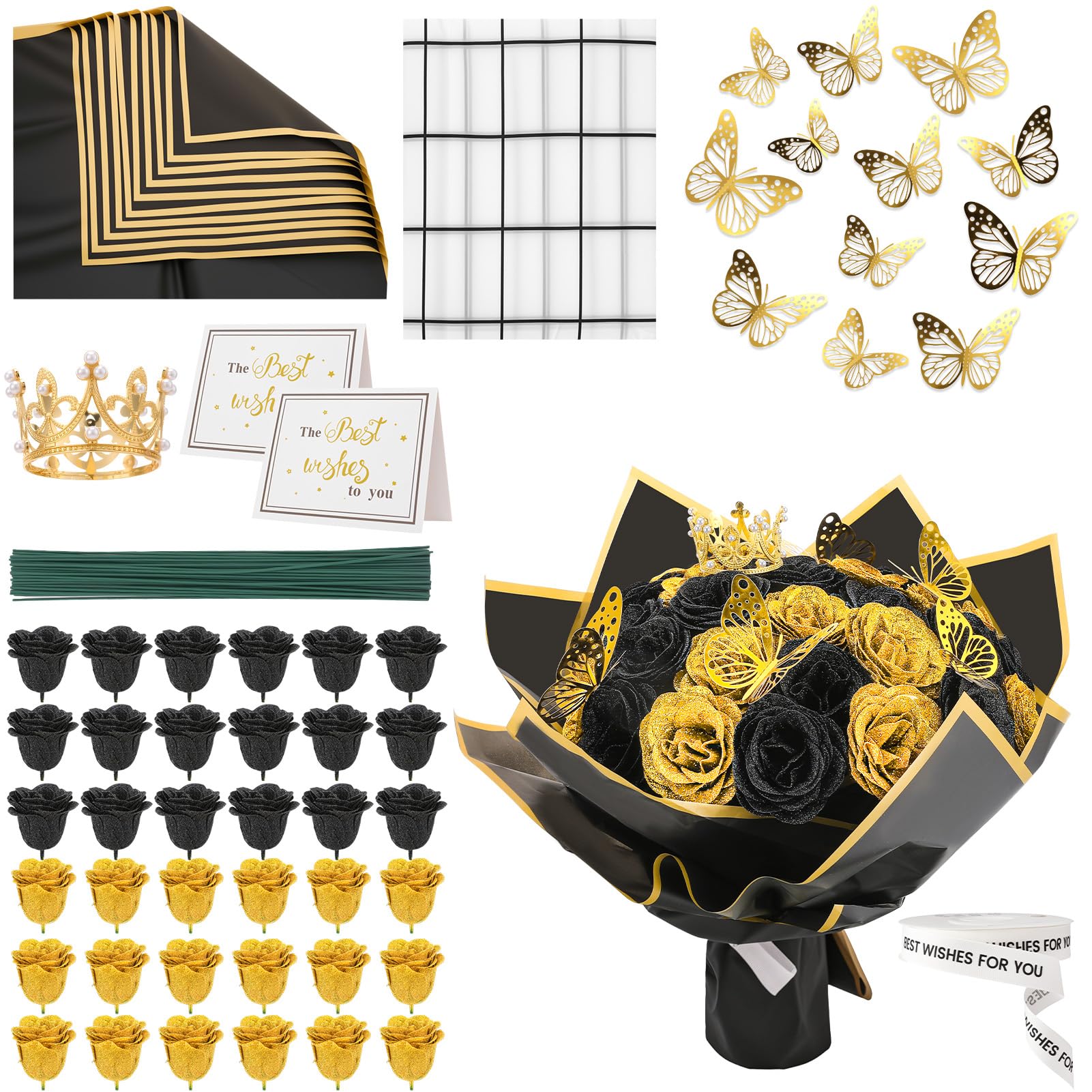 saerryor 36 PCS Glitter Roses Bouquet Kit,Black,Gold Sparkling Flower Arrangement with Stems,Butterflies,Crown,Wrapping Paper,Card,Ribbon for Wedding,Graduate,Birthday,DIY Crafts