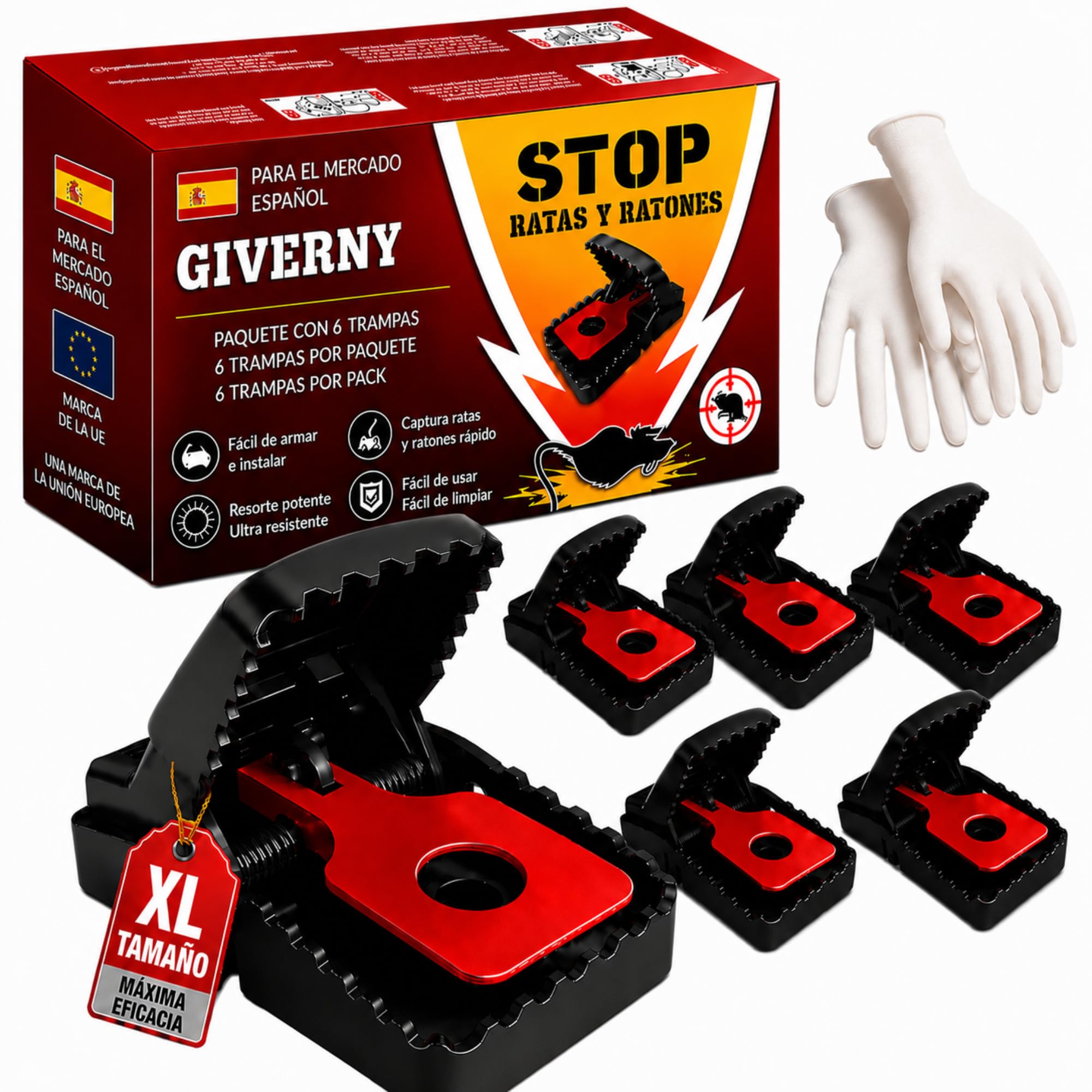 Trampa para Ratas GIVERNY XL (Paquete de 6): Trampas de presión extragrandes y Resistentes para Ratones y Ratas, Reutilizables, potentes, de eliminación instantánea, para Interiores y Exteriores.