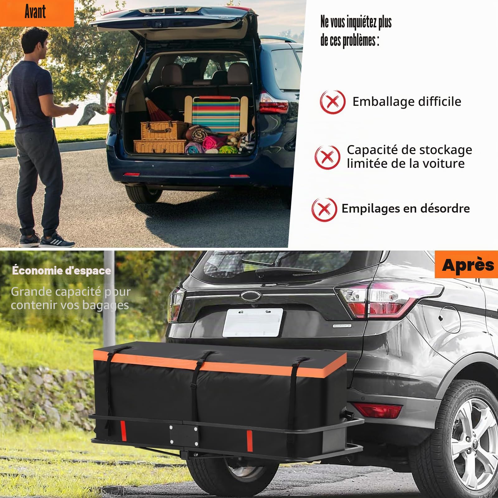 Garvee Sac de Transport pour Porte-Bagages d’attelage, 15 Pieds Cubes | étanche, Conception renforcée, Sangles résistantes, fermeture éclair étanche, installation rapide