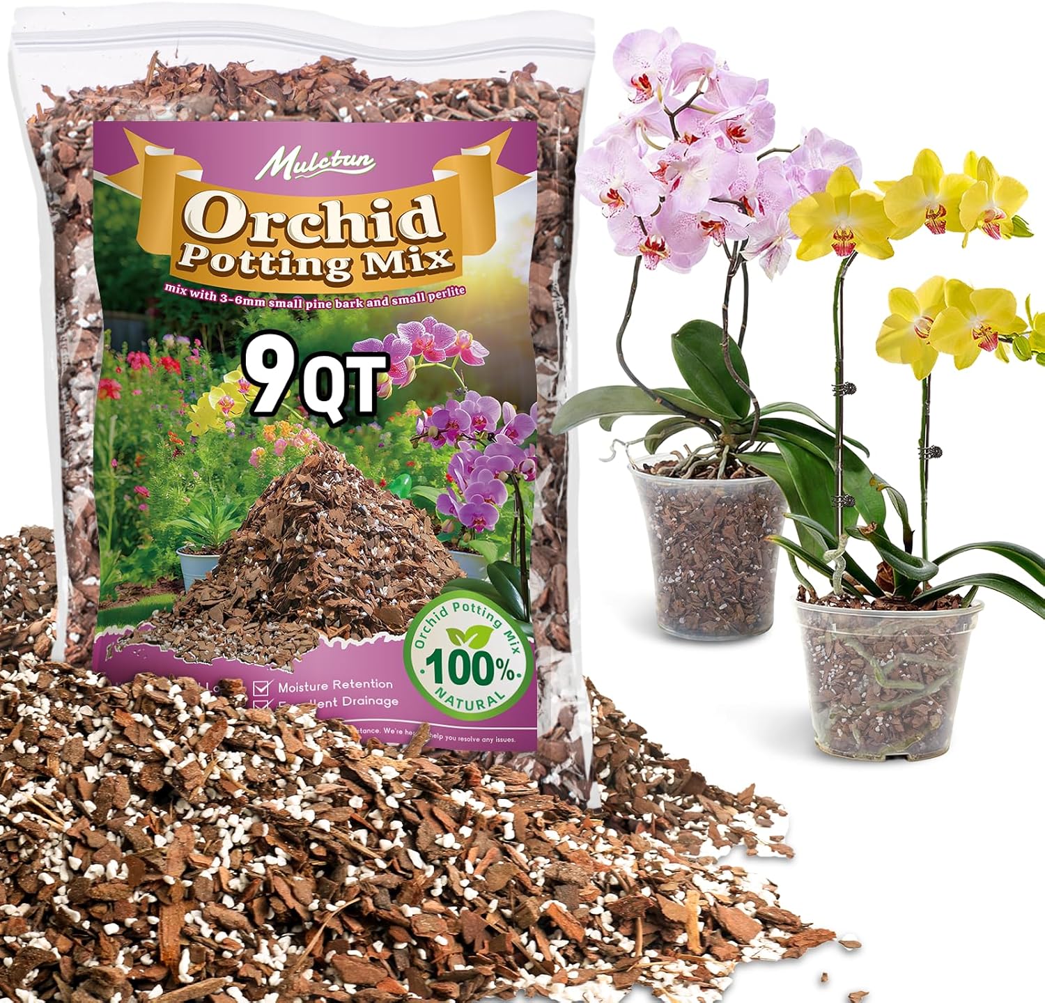 Orchid Bark Potting Mix - 9QT Natural Orchid Potting Mix for Repotting, Blended with Small Pine Bark and Perlite to Provide Ideal Ventilation and Good Drainage for Orchids and Other Potted Plants