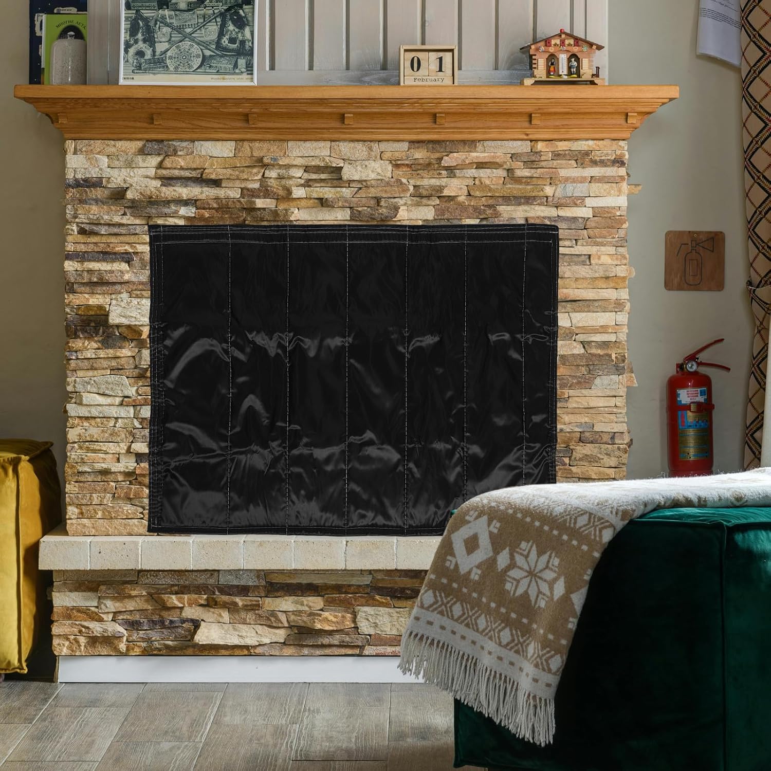 Generic Fireproof Cover Draft Guard - Windproof Thermal Barrier Draft Stopper Winter Fireplace Insulated Blanket for Home Gatherings 45.59x34.19x1.97