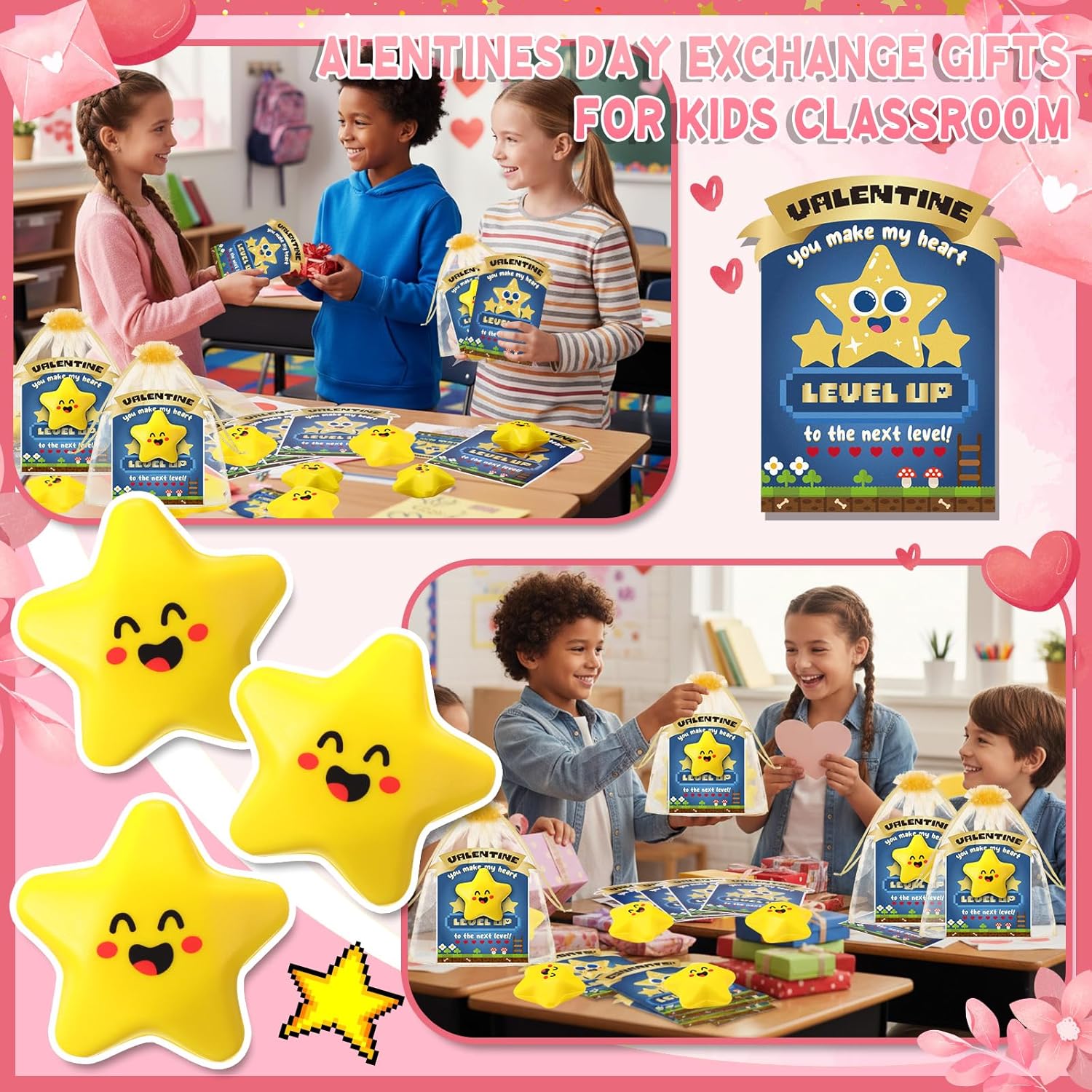 24 Sets Valentines Day Gifts for Kids Video Game Star Stress Ball with Level up Cards Goodie Bags Valentines Stress Relief Gift for Student from Teacher Valentine's Video Game Party Favor