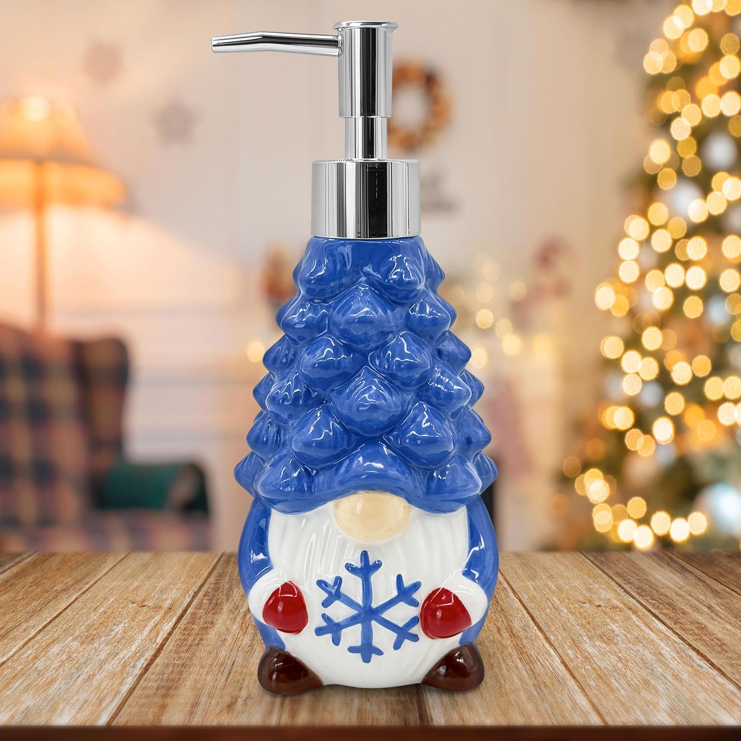 Hexagram Christmas Soap Dispenser, Christmas Kitchen Bathroom Decor, Xmas Blue Gnome Ceramic Soap Dispenser for Home Indoor Decorations, Xmas Refillable Lotion Essential Oil Dispensers with Pump Christmas Gnome
