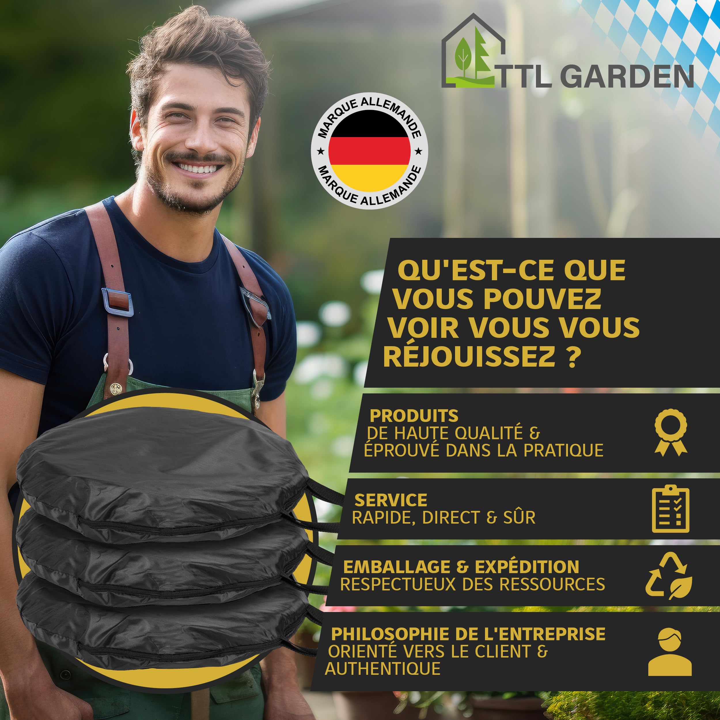 TTL GARDEN 3 sacs de jardin Pop Up Black Superior - Double fond 260 g/m² - 170 l