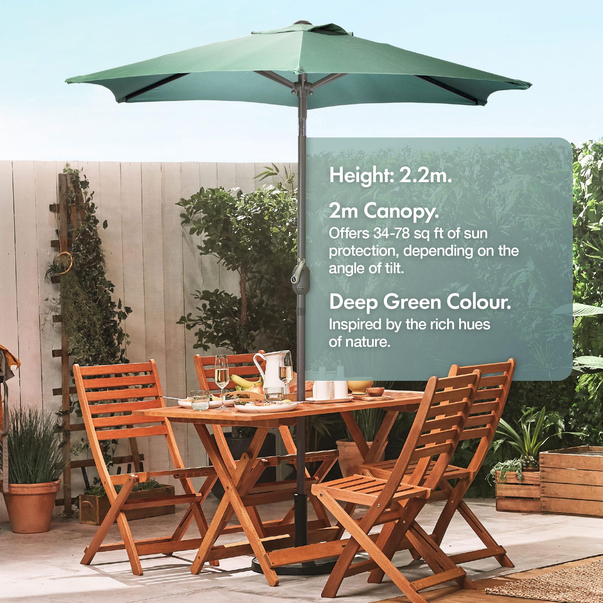 VonHaus Parasol 2M – Parasol Umbrella for Outdoor, Garden, Patio – Sun Shade Canopy with Hand Crank, Tilt Function, UV30+ Protection, Air Vent, Powder Coated Steel Frame - Dark Green — view 3