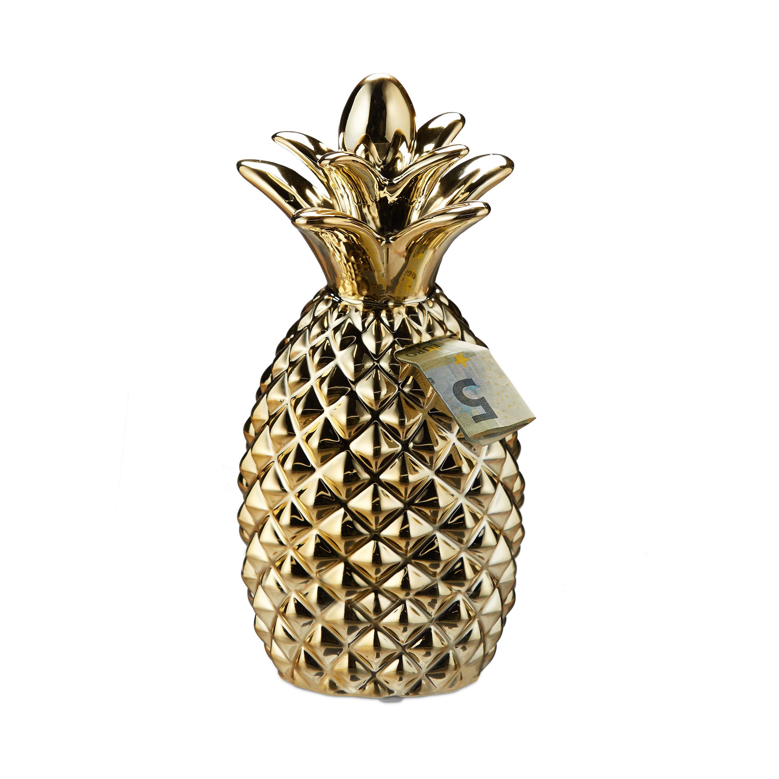Relaxdays Pineapple Money Box Set of 2, Gold, Ceramic, Home Décor, Gift, HxW 24 x 10.5 cm