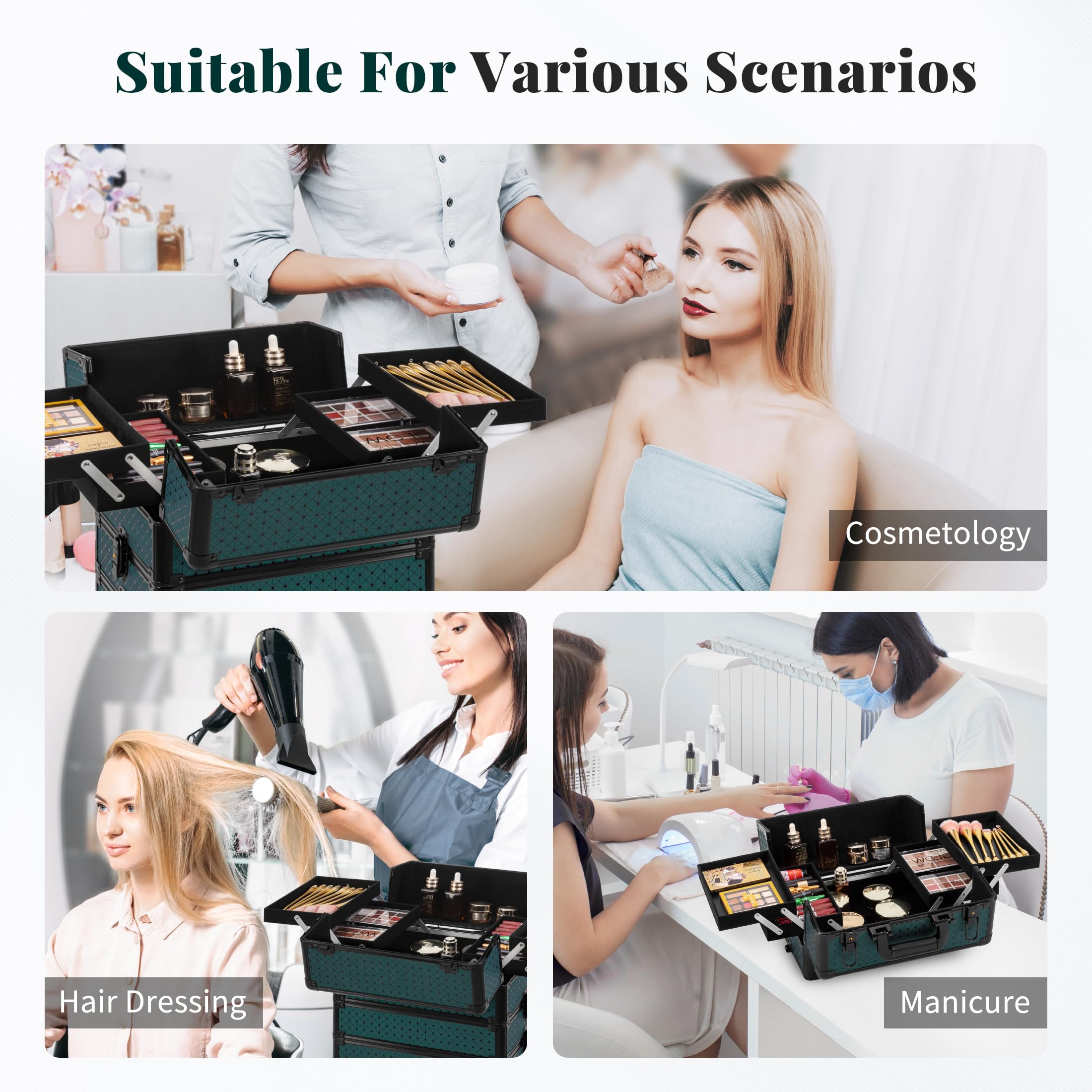Arous 4-in-1 Professioneller Make-up-Zugkoffer, multifunktionaler Kosmetikwagen mit 360° drehbaren Rädern, Schlüsseln, großer Stauraum, Reisewagen, Kosmetik-Zugkoffer für Nageltechniker