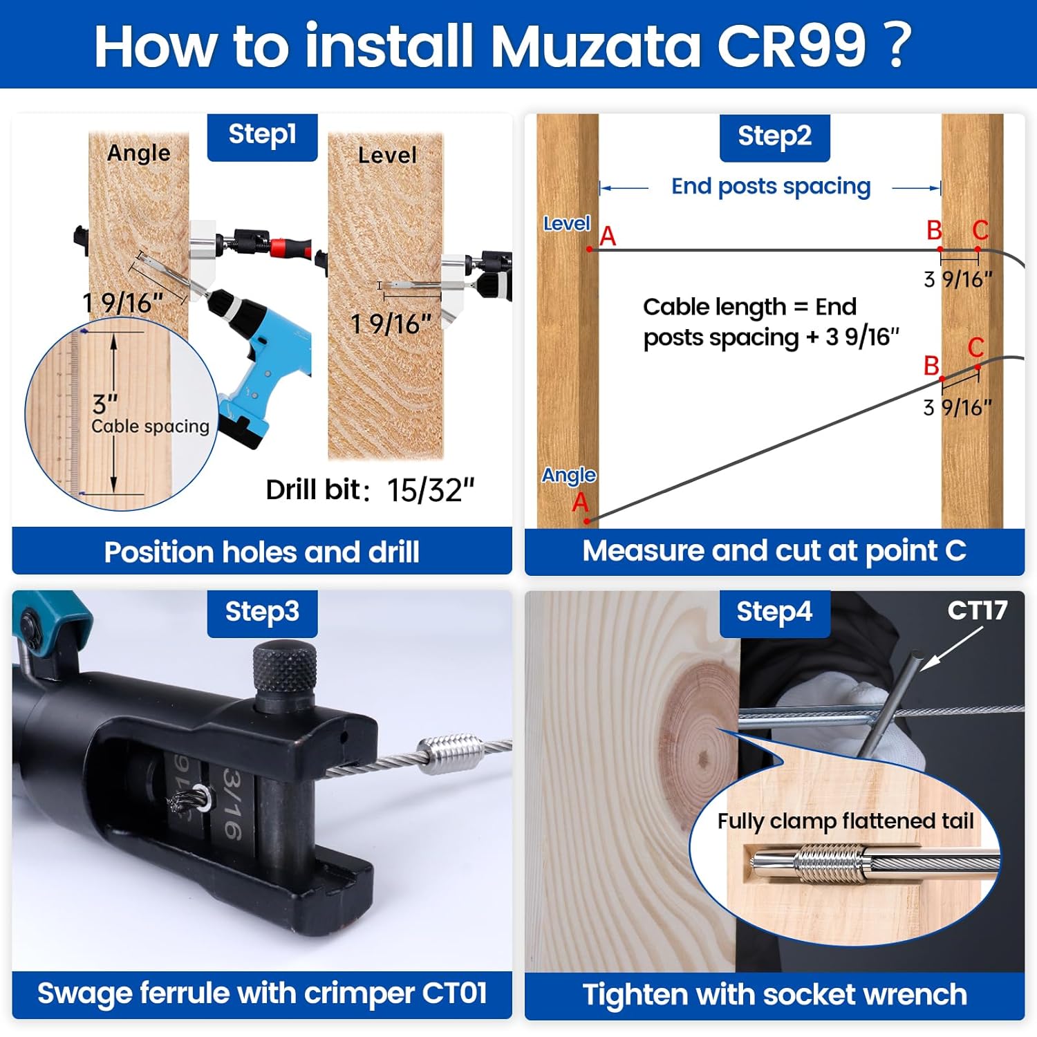 [Patent] Muzata 20 Pack 3/16" Invisible Cable Railing Kit Hardware Swage Lag Screw Hidden for 4x4 6x6 8x8 Wood Posts T316 Stainless Steel Deck Cable Railing System 10 Pairs CR99