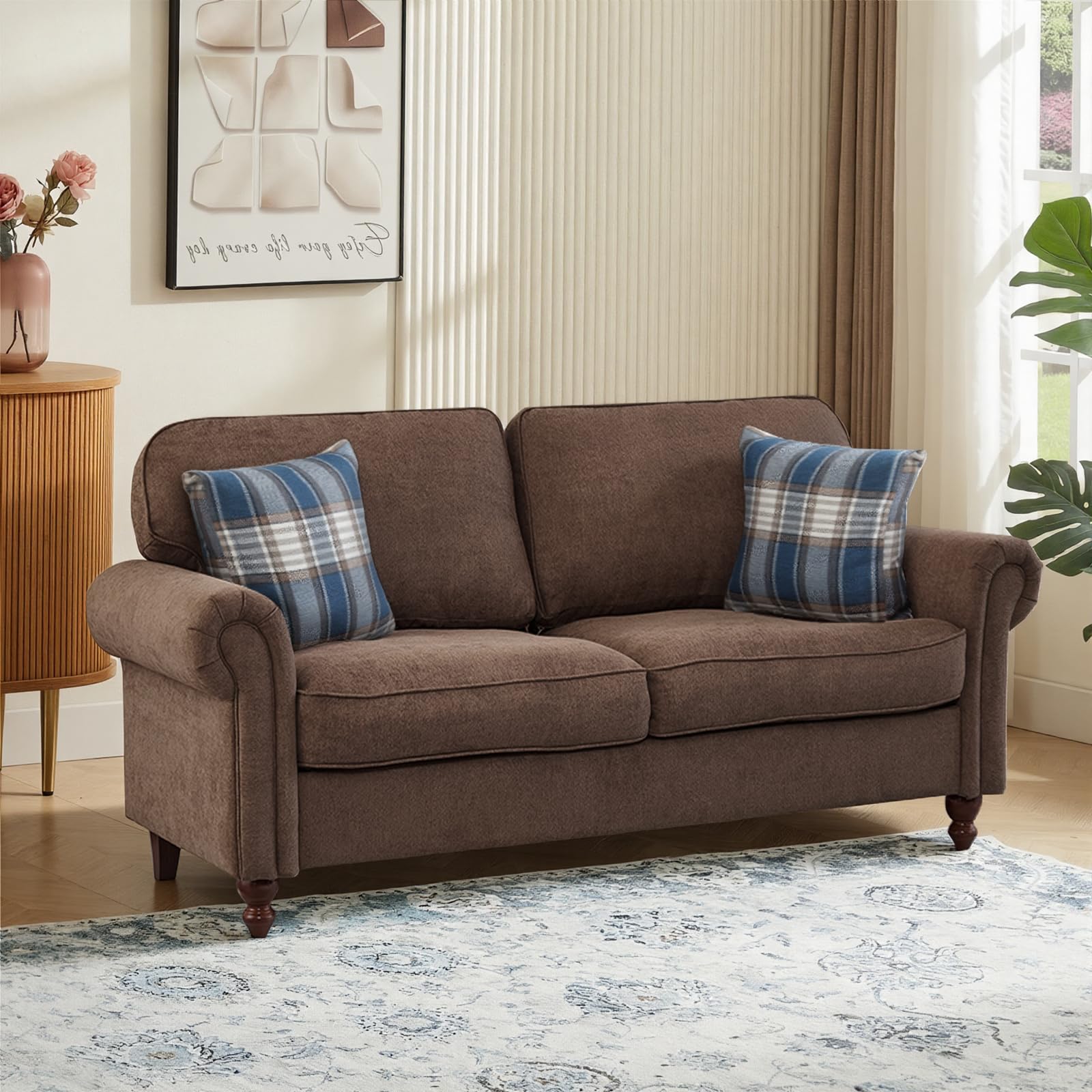 Panana Modern Comfortable 2 Seater Sofa, Fabric Loveseat Couch Sofa with 2 Plaid Accent Pillows,Rolled Armrest Padded Upholstery, Compact Living Room Settee Couch (Brown, 2 Seater)