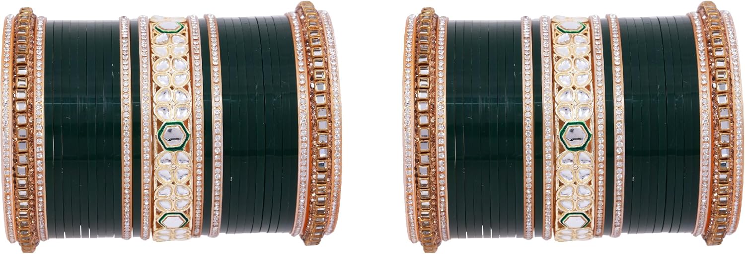 Efulgenz Indian Bridal Bangle Set for Women Chura Bangles Green Punjabi Chuda Acrylic Bangle Set for Wedding Faux Kundan Rhinestone Crystal Bridal Dulhan Choora Fashion Jewelry (62 Pcs)