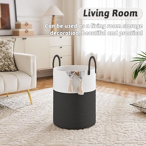 Miniatura 5 de Cesta de lavandería de cuerda de algodón tejida, 60 litros para almacenamiento decorativo de ropa sucia, juguetes y mantas en el baño, habitación