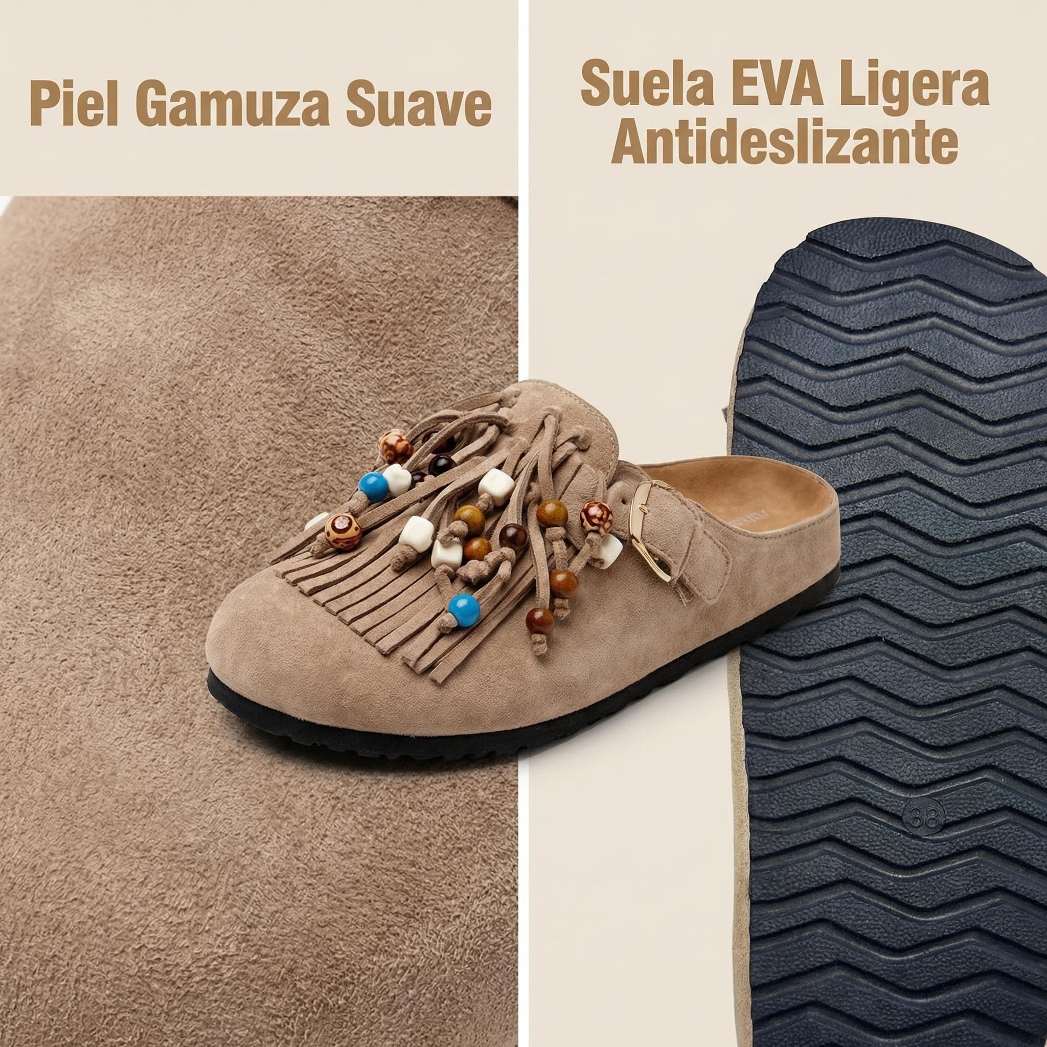 Zuecos para Mujer Estilo Boho con Flecos y Cuentas Decorativas, Ante Sintético, Suela EVA Antideslizante, Hebilla Ajustable 36-41