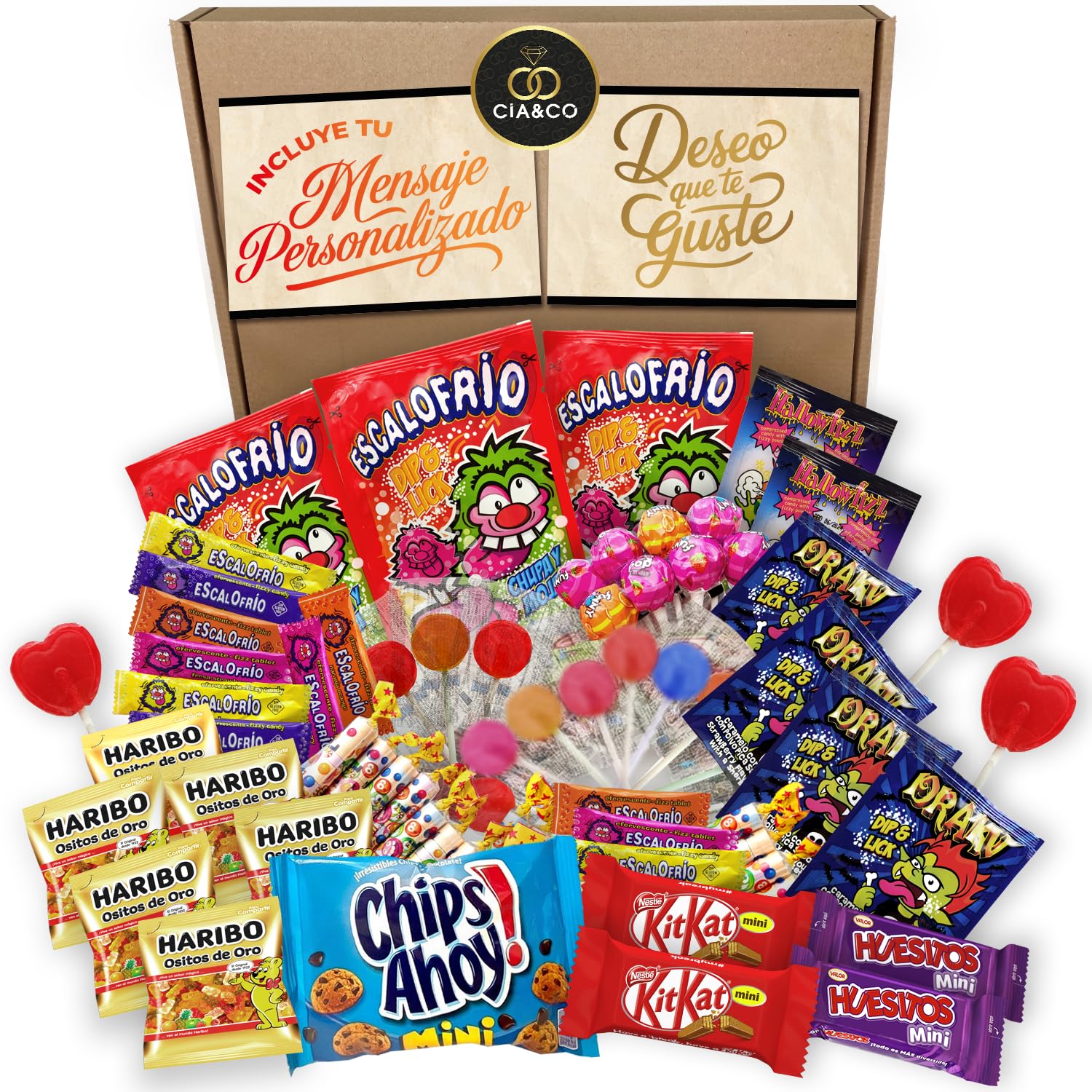 Lote Súper Chuches 800g Golosinas Chocolates Kit Kat Huesitos Chips Ahoy Piñatas Regalo Tarjeta Personalizable