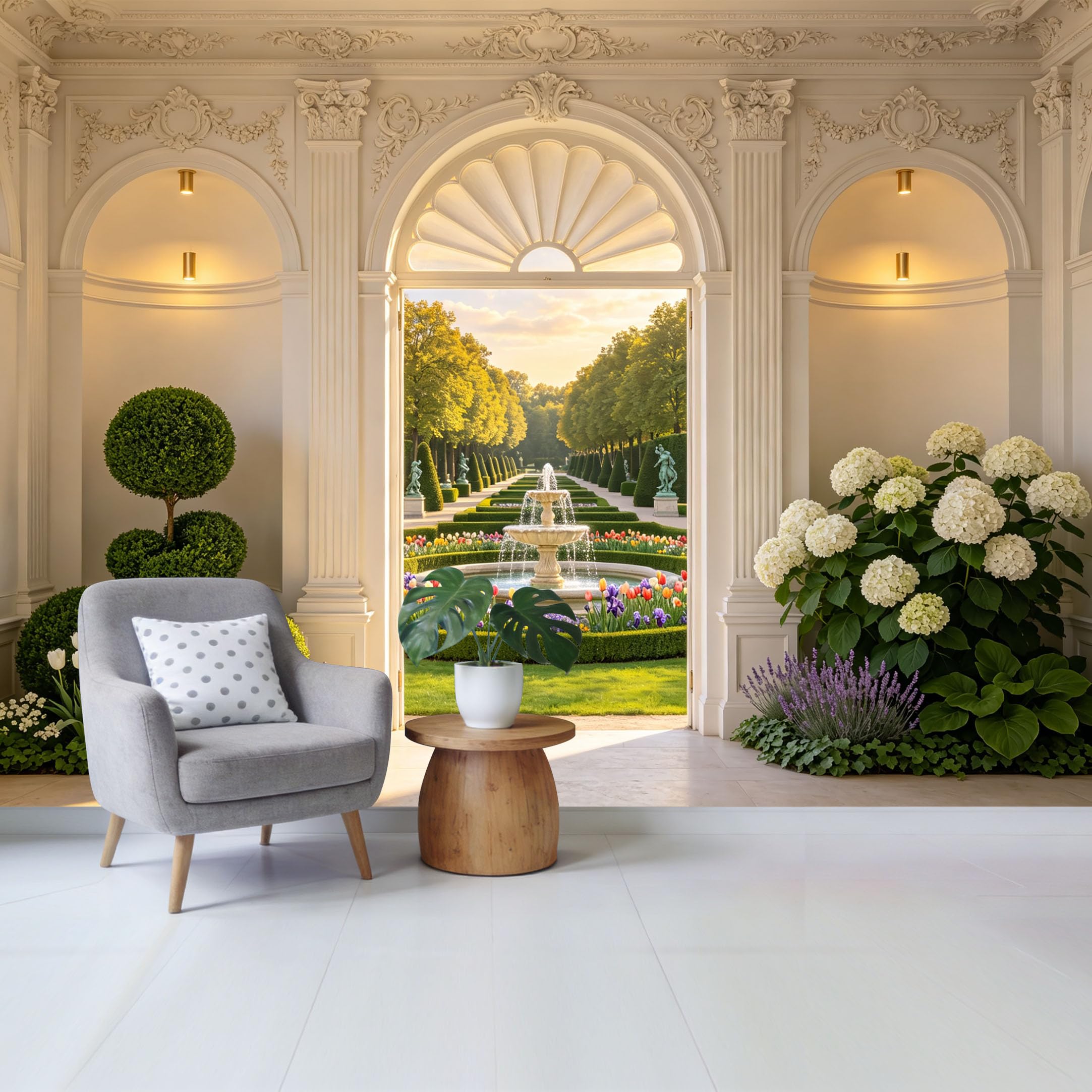 Removable Self Adhesive Fabric Mural， Neoclassical Arch Fountain Garden Custom Size Wall Covering， UV Protected Waterproof Washable Wall Decor for Living Room Bedroom Bathroom