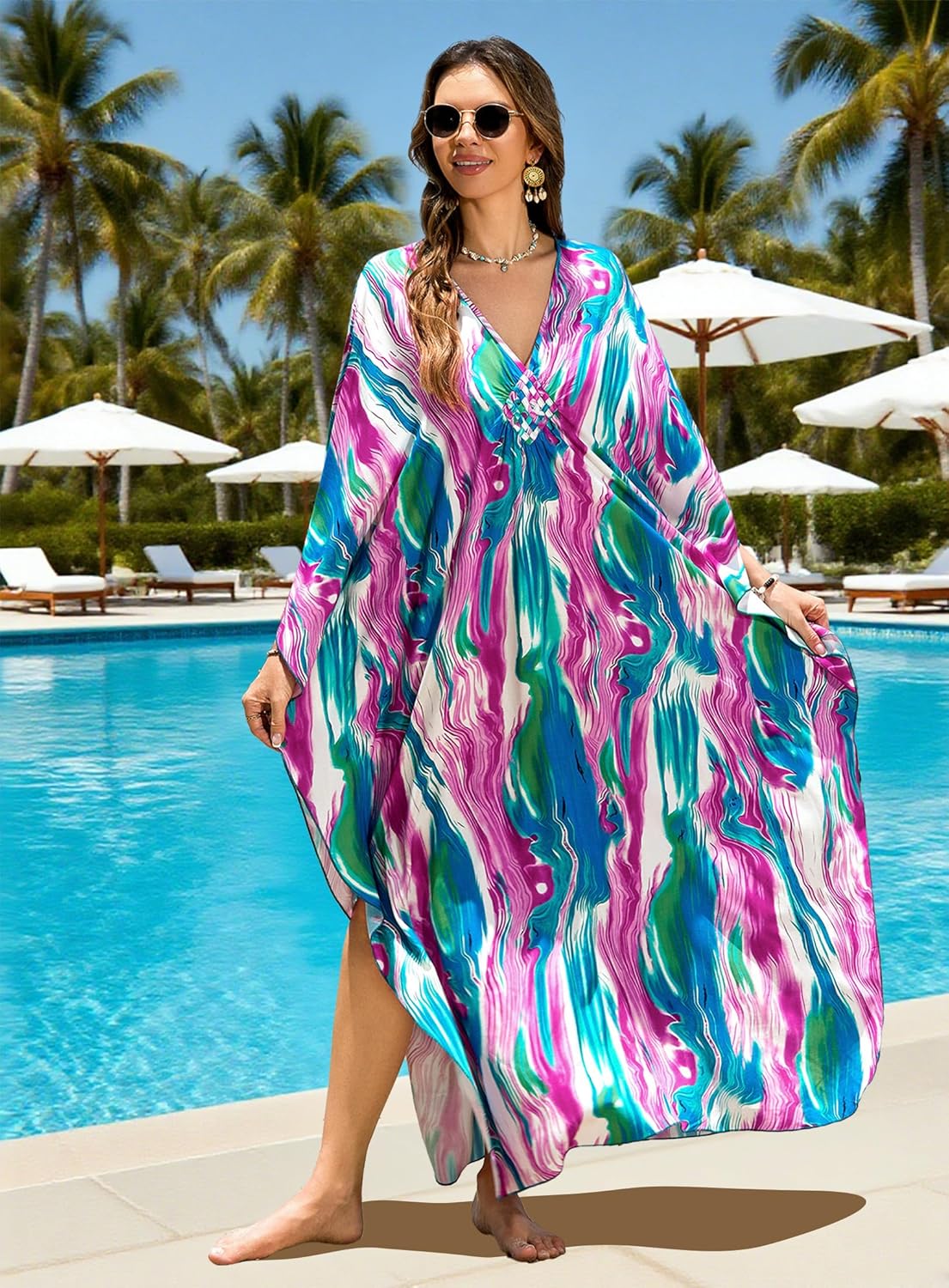Kaftan Dresses Plus Size V-Neck Women's Swimwear Cover Ups Tie Dye Batwing Sleeves Mumu Caftan Dress - Image 5
