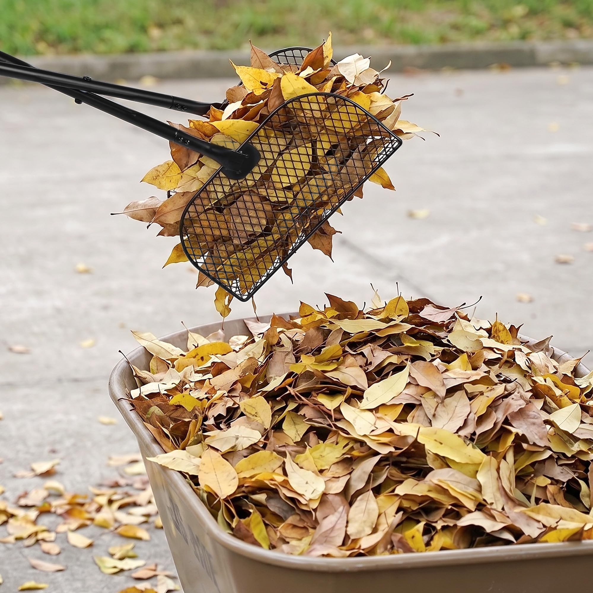 Rastrello per raccogliere foglie in metallo leggero con manico lungo, raccoglie foglie per giardinaggio, raccolta rifiuti e erba superiore, non si piega, Regno Unito