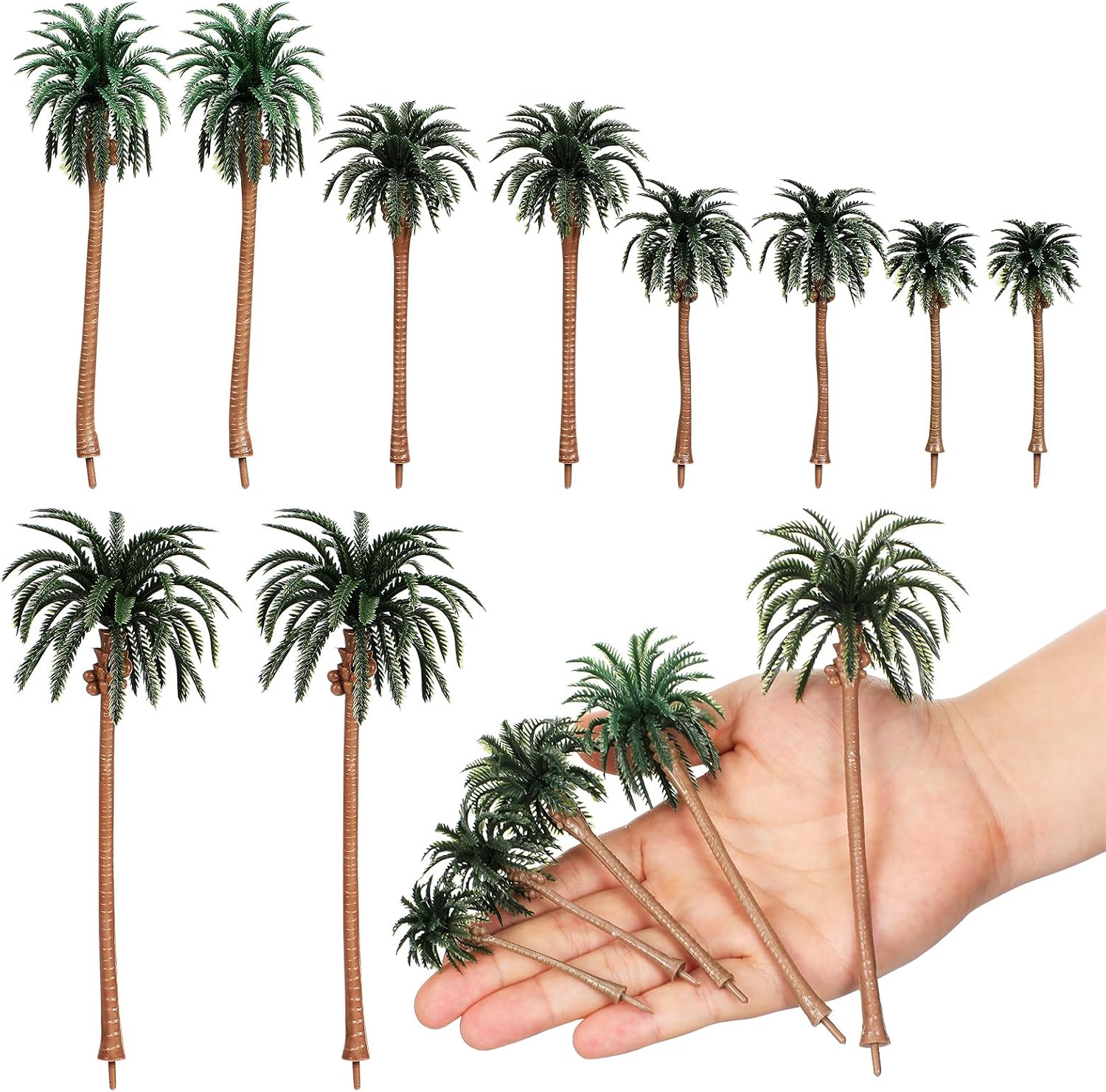 Miniature Palm Trees, 15PCS Scenery Palm Tree Model for Crafts, Coconut Tropical Landscape Model for Diorama Train Railway Layout Landscape Scenery Cake Decorative -16cm, 13cm, 11cm, 8cm, 7cm