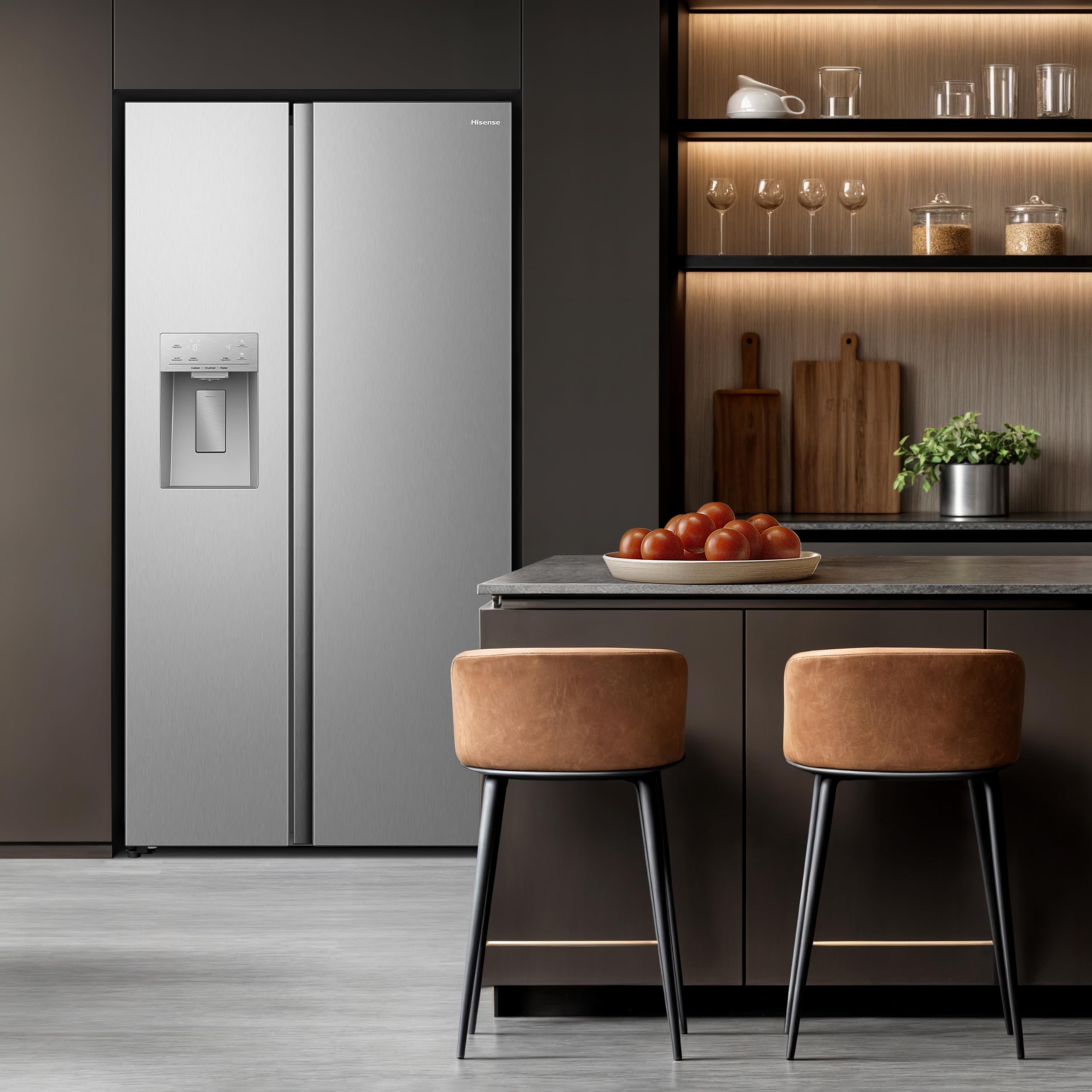 Hisense RS5P528STIE side-by-side avec distributeur de glace, crushed et eau / 528 L/Réservoir d'eau/ConnectLife/SuperCool/Big Box/Flat Duct/Compartiment de porte XXL/L x H x P : 91,1 x