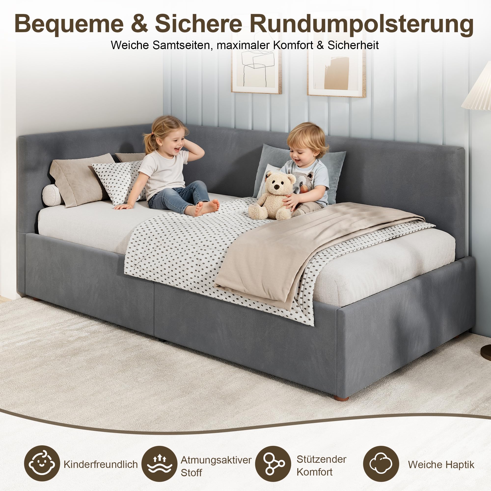 LUXOAK Polsterbett Schlafsofa 90x200 mit Hydraulischem Stauraum & Metall-Lattenrost, Tagesbett aus Samt, Kinderbett Gästebett Jugendbett (Dunkelgrau)