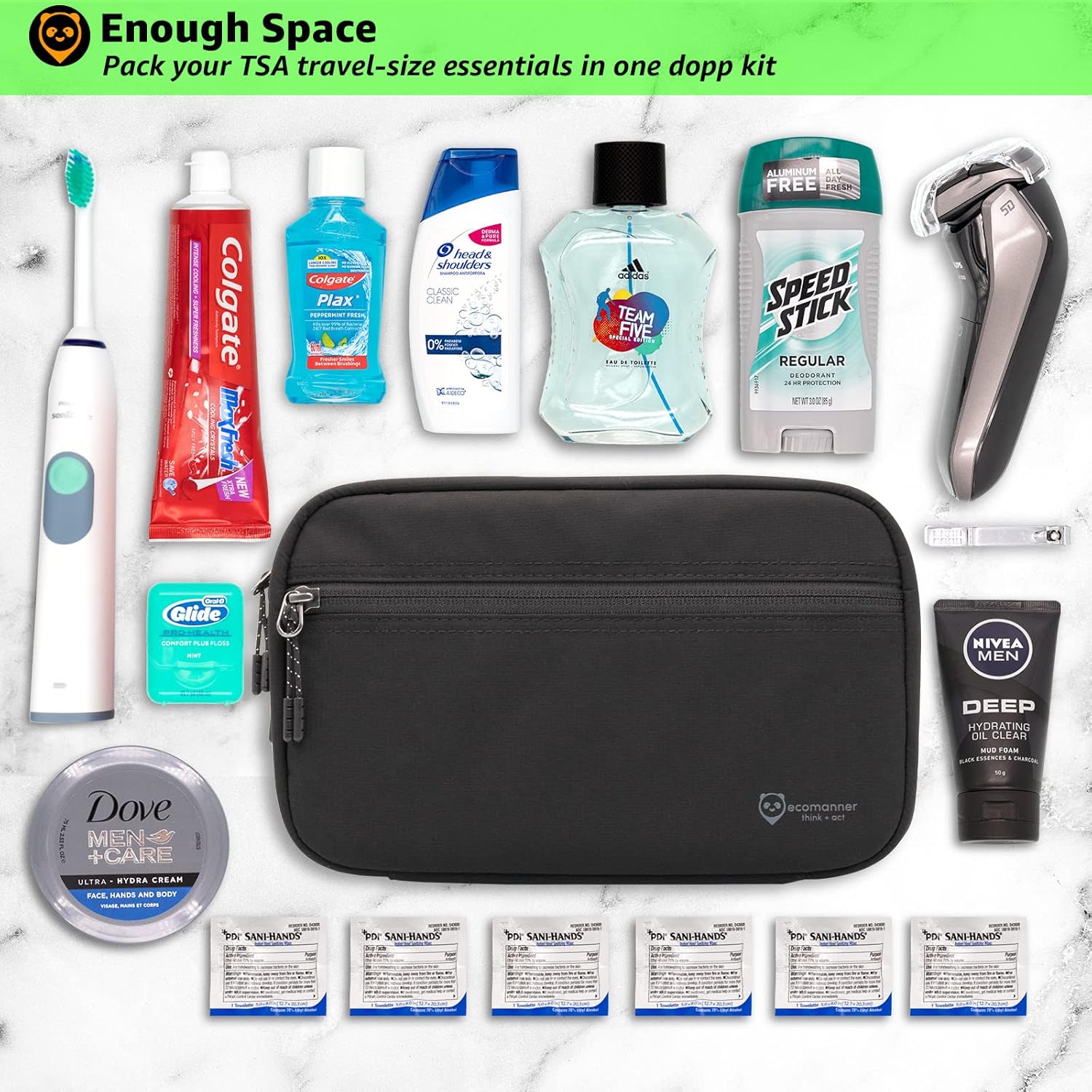 ecomanner Toiletry Bag for Men, Compact Mens Toiletry Bags for Traveling and Small Dopp Kit with Cloth Nylon, YKK Zipper and Eco Packing 2.5L (Black) : Beauty & Personal Care