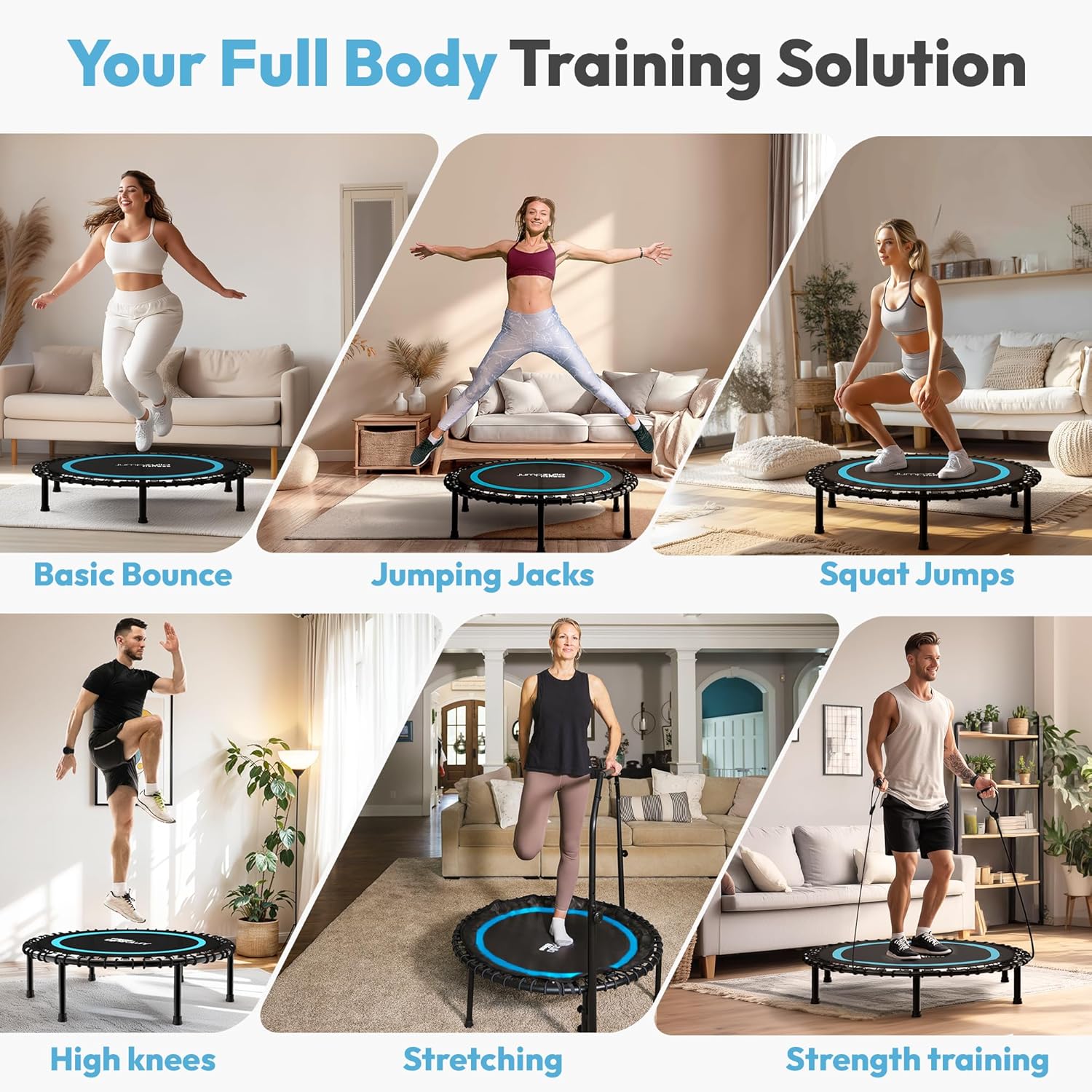 Jumpzylla Fitness Rebounder Trampoline for Adults with Bar and Elastic Bands, 450/550 lbs Mini Trampoline for Adults, Exercise Trampolines, Rebounders with Adjustable Handle, Indoor/Outdoor 40/48 in